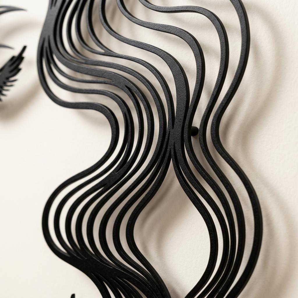 Macro detail shot of a black metal woman face wall art highlighting the premium electrostatic powder-coated texture. Shows crisp laser-cut edges and fine satin-matte finish on flowing hair lines, ideal for high-quality beauty salon signage.
