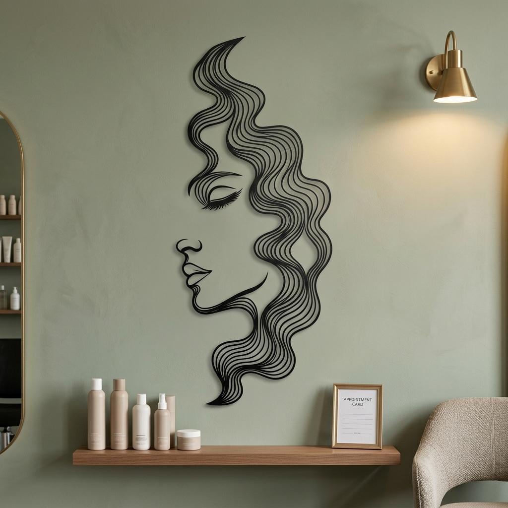 Elegant black metal woman face silhouette wall art mounted on a muted sage green boutique salon wall. Modern beauty studio decor featuring flowing hair cutouts above a floating product shelf, perfect for sophisticated hair salon interiors.