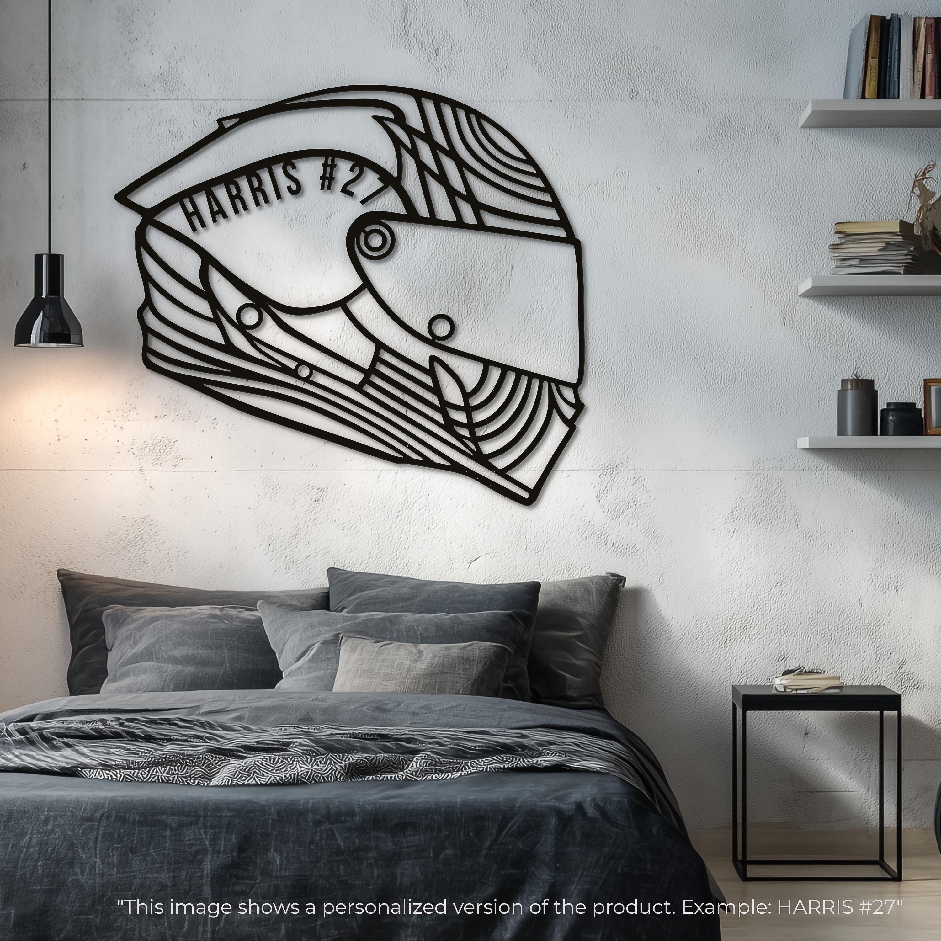 Bedroom wall with helmet racing wall art, personalized version showing name and number.