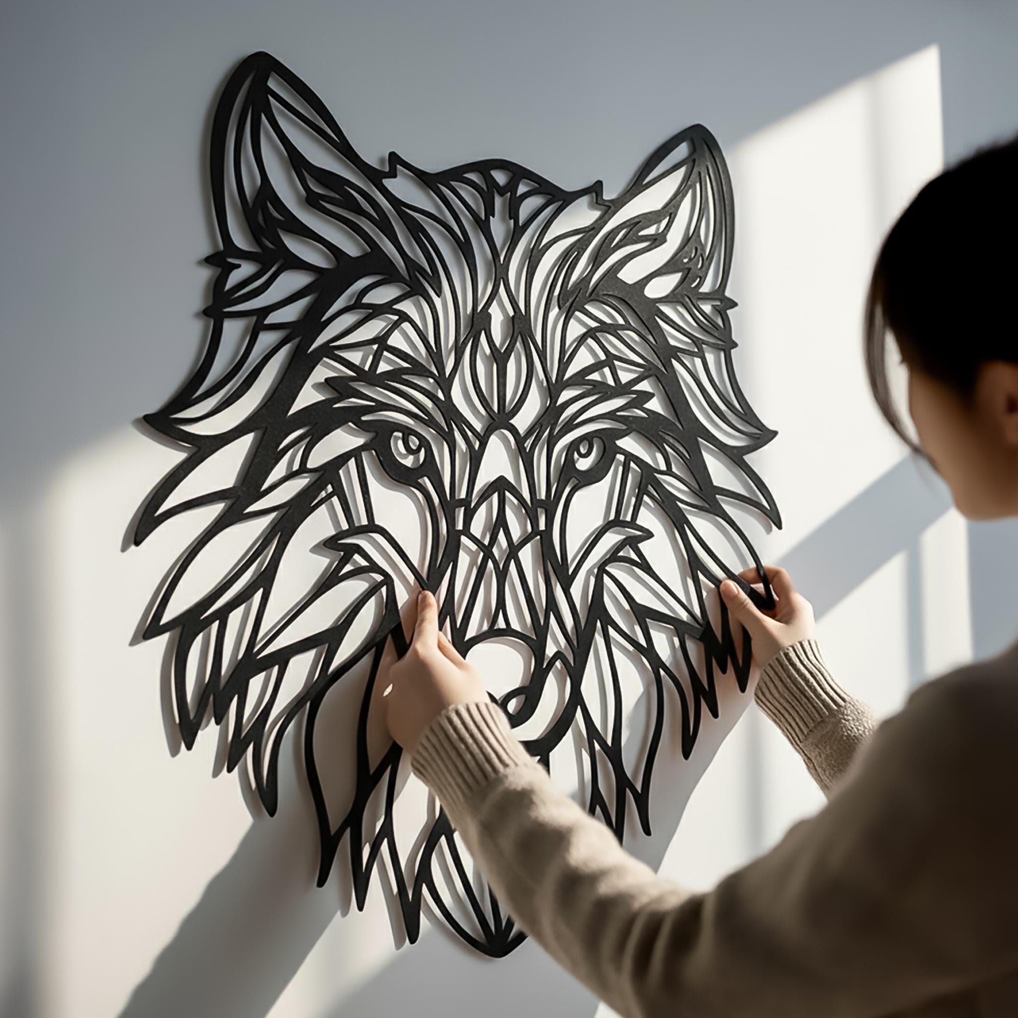Large geometric wolf head metal wall art held by hand against a clean white wall. This detailed line art design is a perfect piece for modern and minimalist home decor. This black metal wildlife figure makes an impressive gift idea for a living room or man cave.