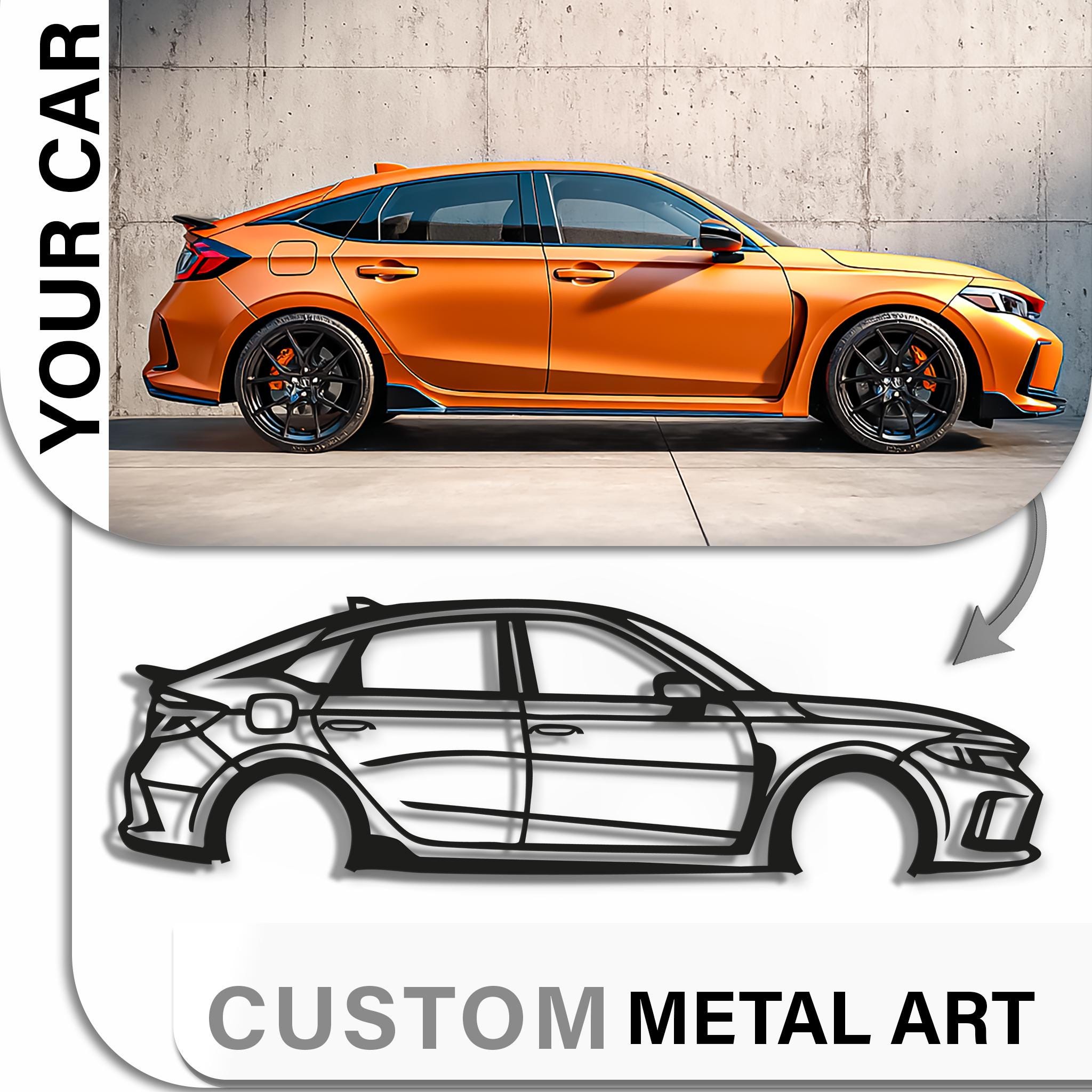 Before/after collage: orange hatchback photo turned into personalized metal wall art silhouette. Side view, matte black line art with wheel openings; tuner style; custom name/plate option. Perfect for garage decor, man cave, office; square 1:1 product gallery image.