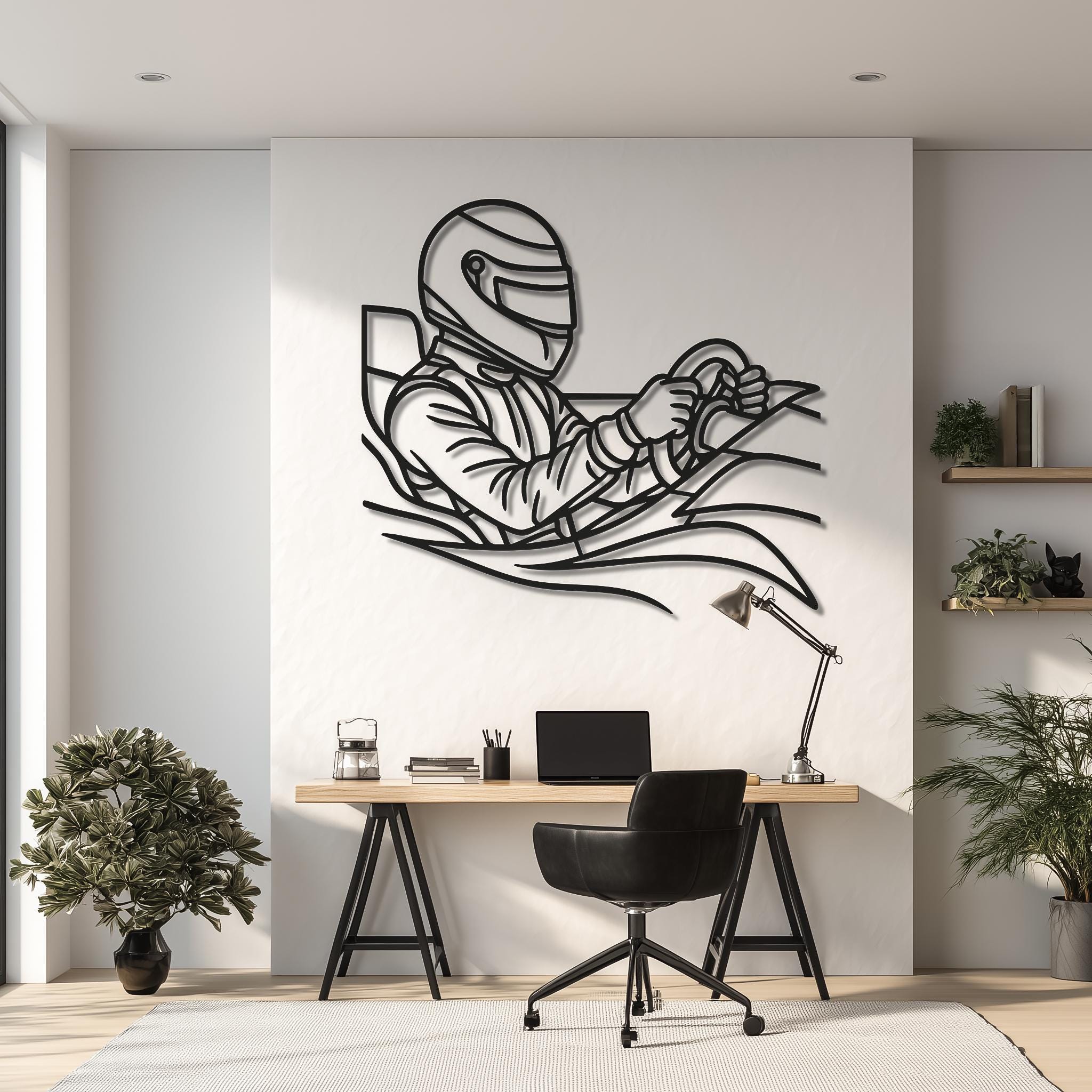 Home office wall with racing driver metal wall art; matte black CNC silhouette; stylish motorsport decor for desk area; ready-to-hang, multiple sizes.
