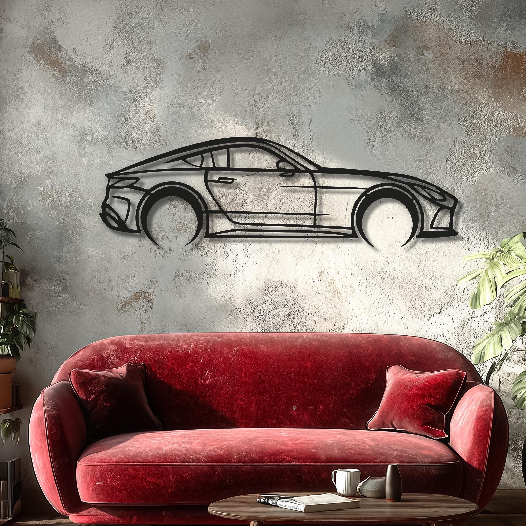 Interior mockup: red sports coupe metal wall art above a velvet sofa on a textured wall. Matte-black finish with natural shadows; premium living room decor. Personalized car line art; custom name/plate available; square cover-ready 1:1 image.