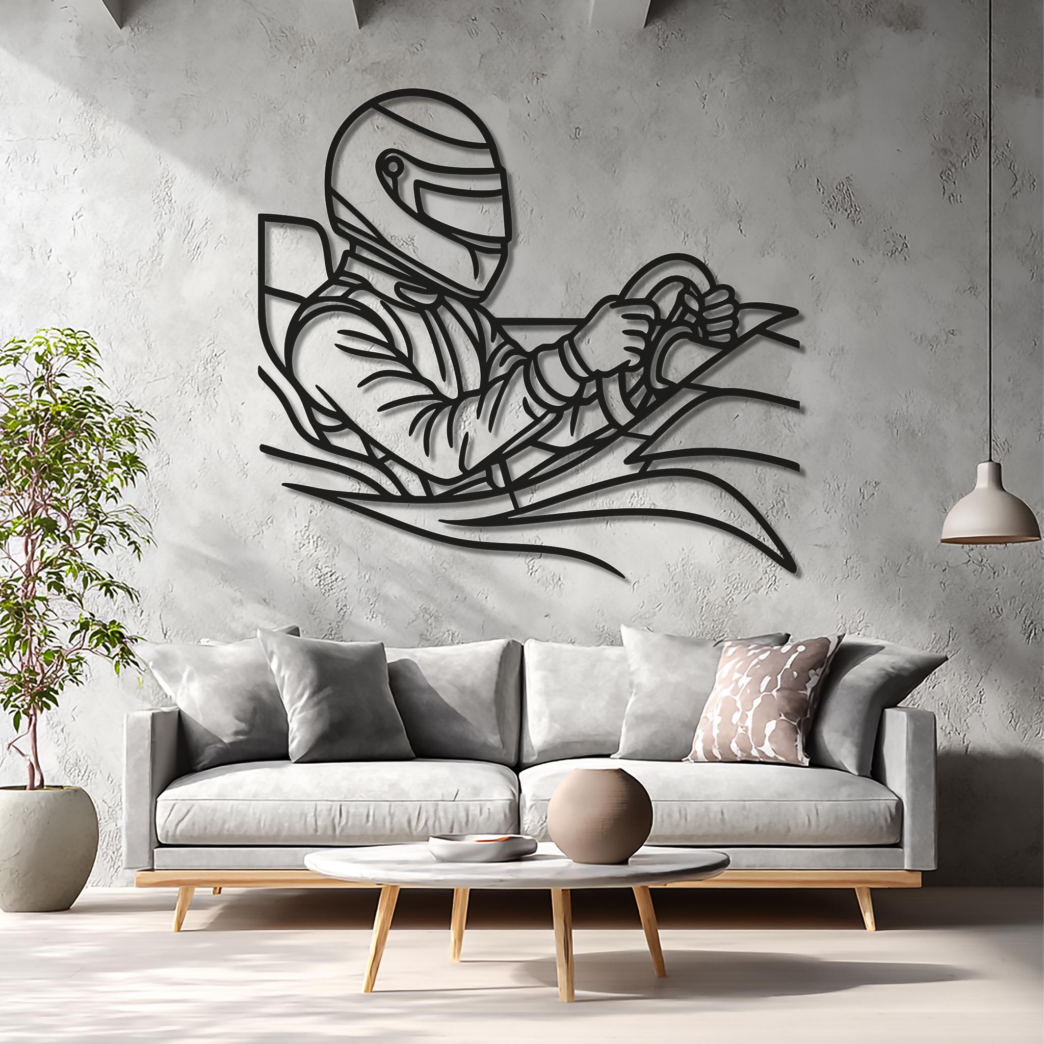 Concrete wall scene with racing driver metal art; matte black CNC line art; modern living room focal piece; motorsport home decor, car lover gift; ready-to-hang, multiple size options.