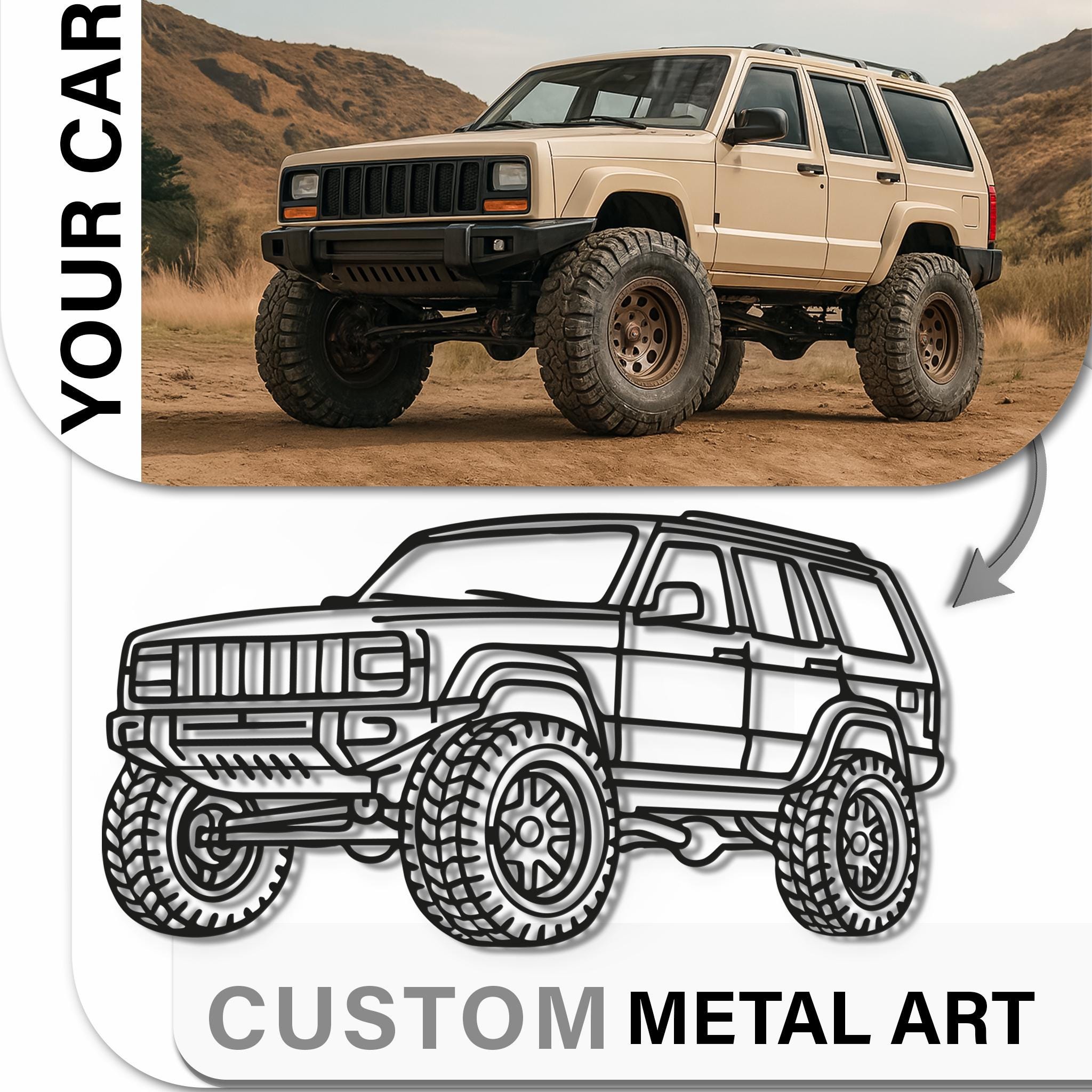 Before/after mockup showing YOUR CAR photo transformed into minimal line-art metal wall art; lifted 4x4 SUV illustration in matte black, CNC laser-cut; custom text/plate optional; perfect for garage, man cave or office; personalized car gift; modern 3D standoff look; premium powder-coated finish.