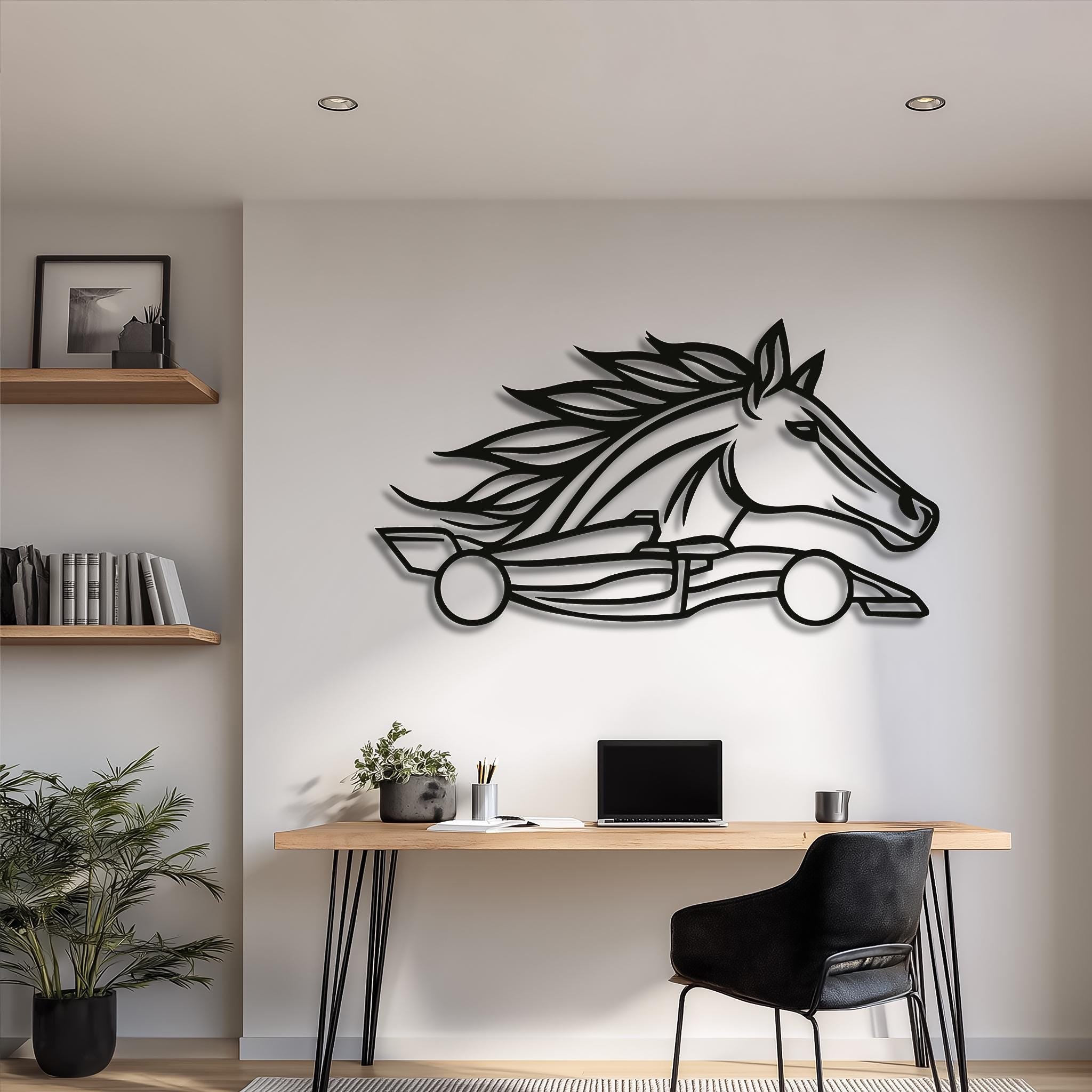 Horsepower metal wall art displayed as garage and office decor.