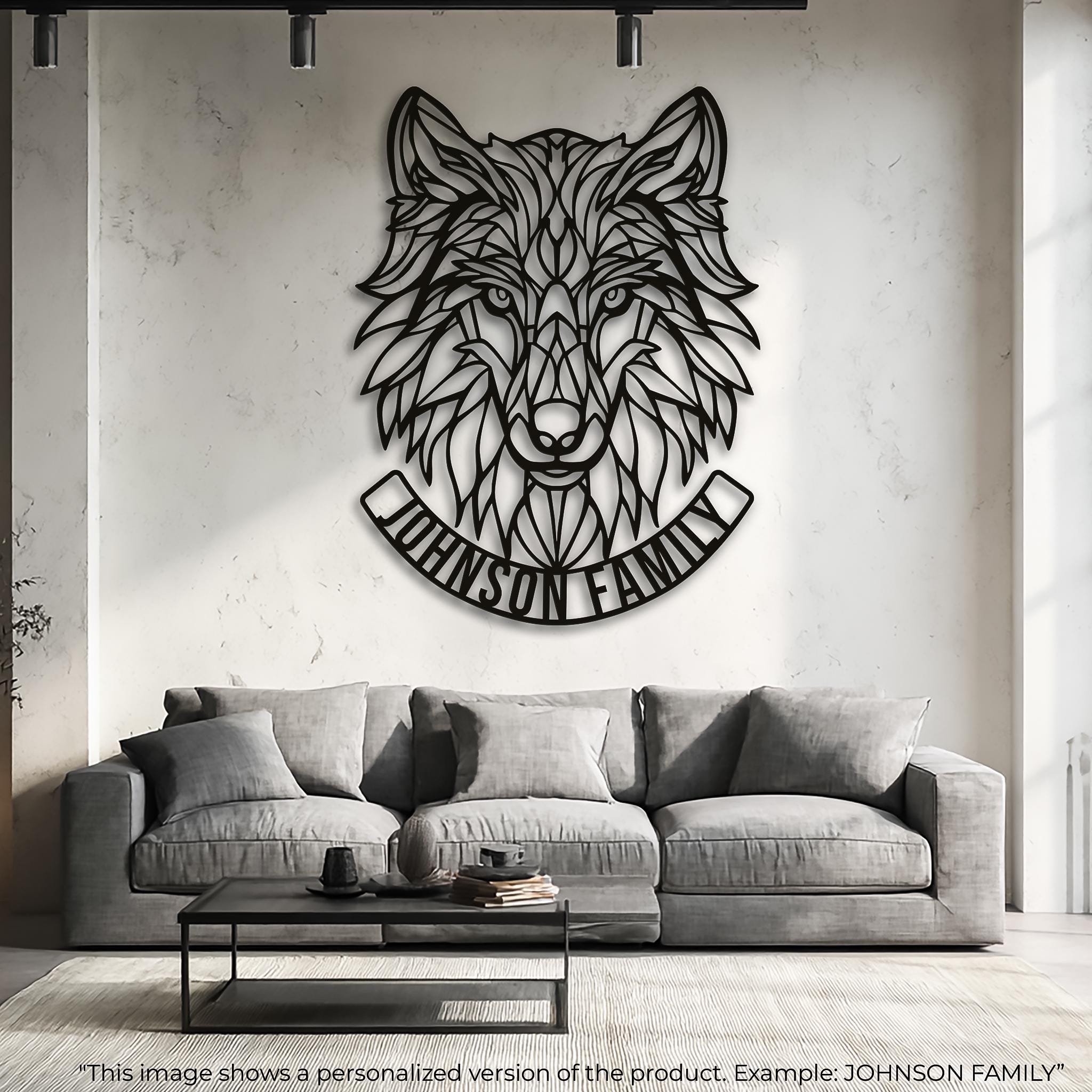 Example of personalized metal wolf head wall art with a family name. It can be customized with your last name, such as 'THE JOHNSON FAMILY,' making it special for your home. A unique decor idea for a housewarming or anniversary gift.
