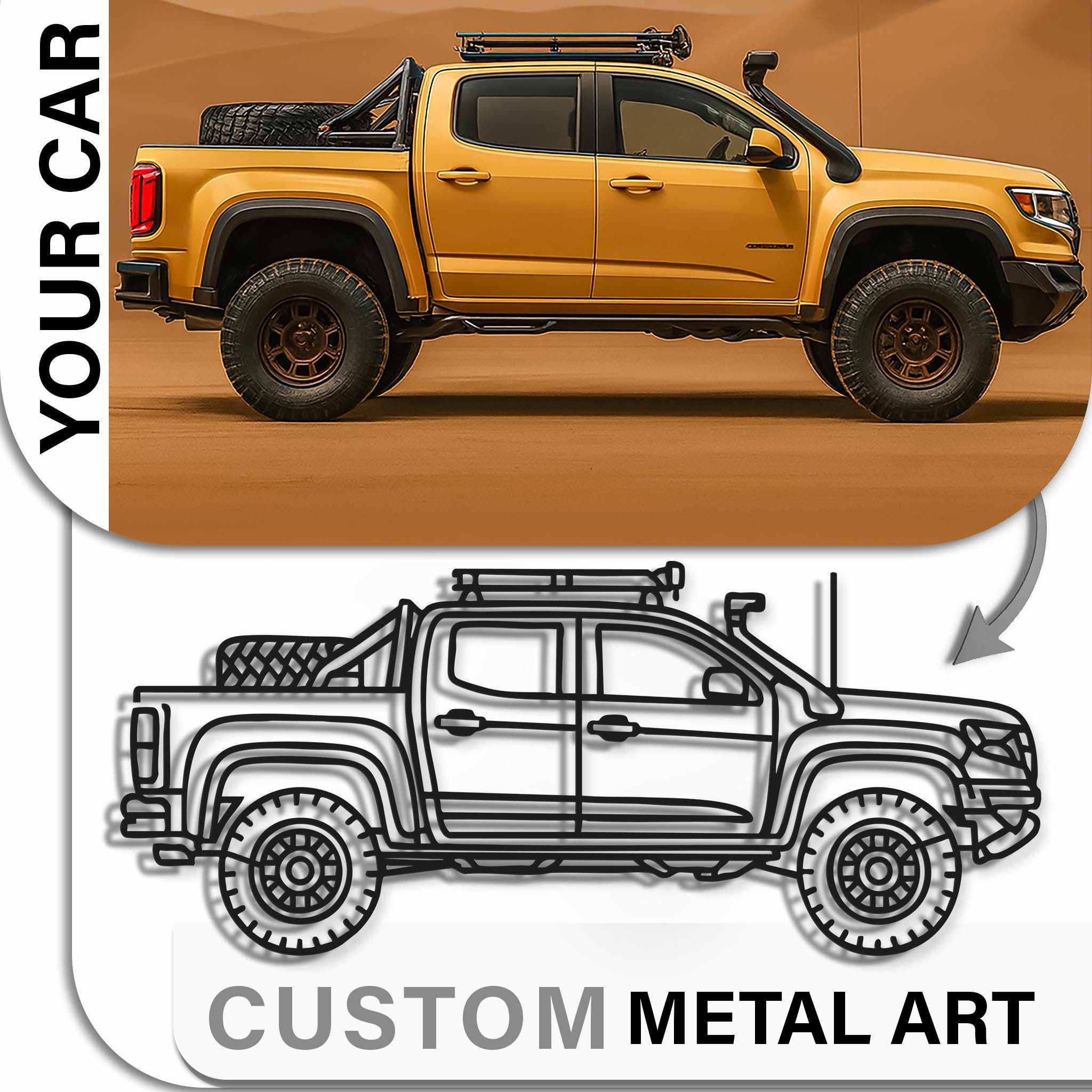 Before/after collage: off-road pickup truck with roof rack converted to detailed personalized metal wall art. Matte-black line art, rugged overland wheels. Custom name/coordinates; premium gift for truck lovers; garage or office wall decor.