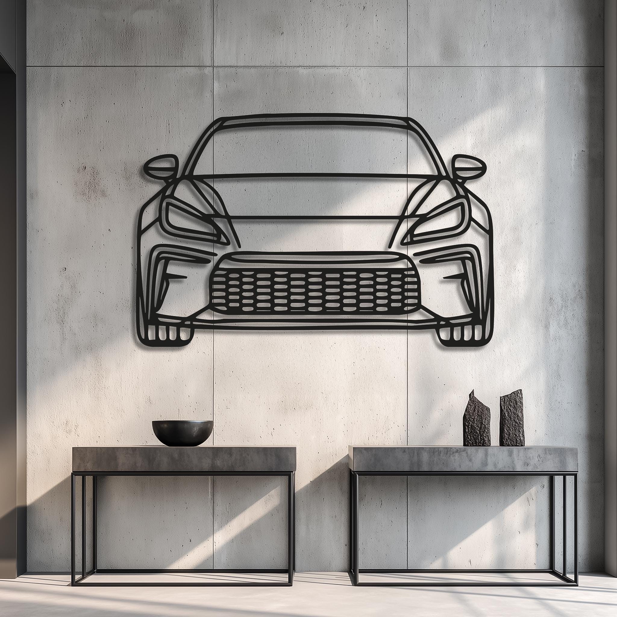 Concrete-wall mockup with sleek car front metal art. Matte-black outline, clean negative space, multiple sizes. Upload your car photo for a personalized piece.