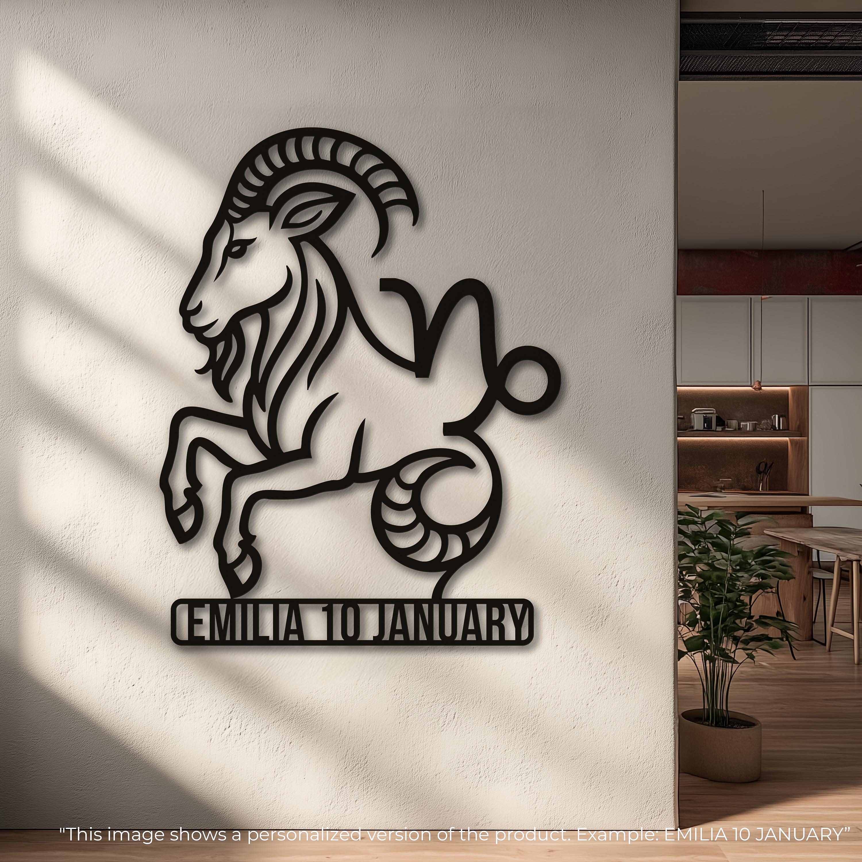 May include: A black Capricorn zodiac wall art silhouette featuring a goat-fish hybrid. The image includes a size chart with seven options ranging from 14 by 16 inches to 45 by 53 inches, detailing width and height measurements in inches and centimeters.