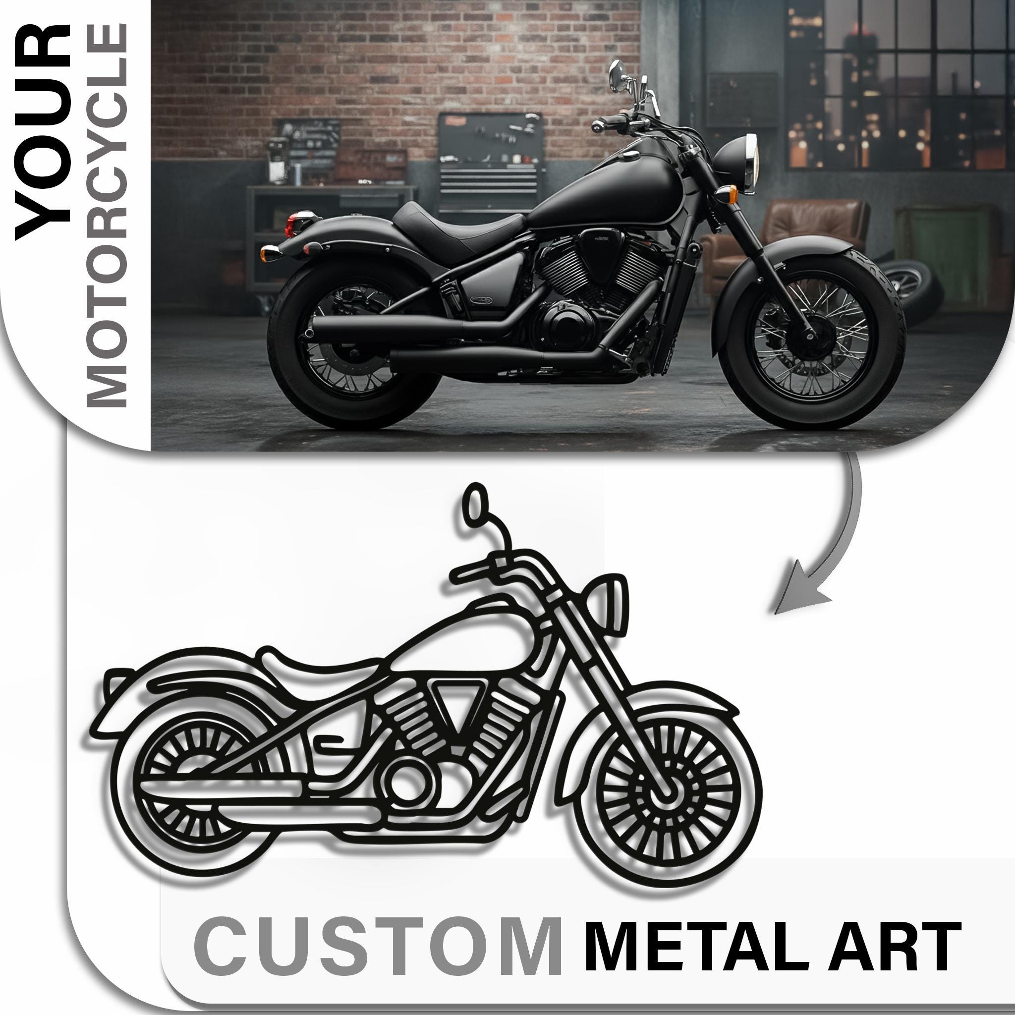 Custom from your photo → classic cruiser metal wall art; premium matte-black finish; garage/man cave décor; add rider name or short plate text; proof in 24h.