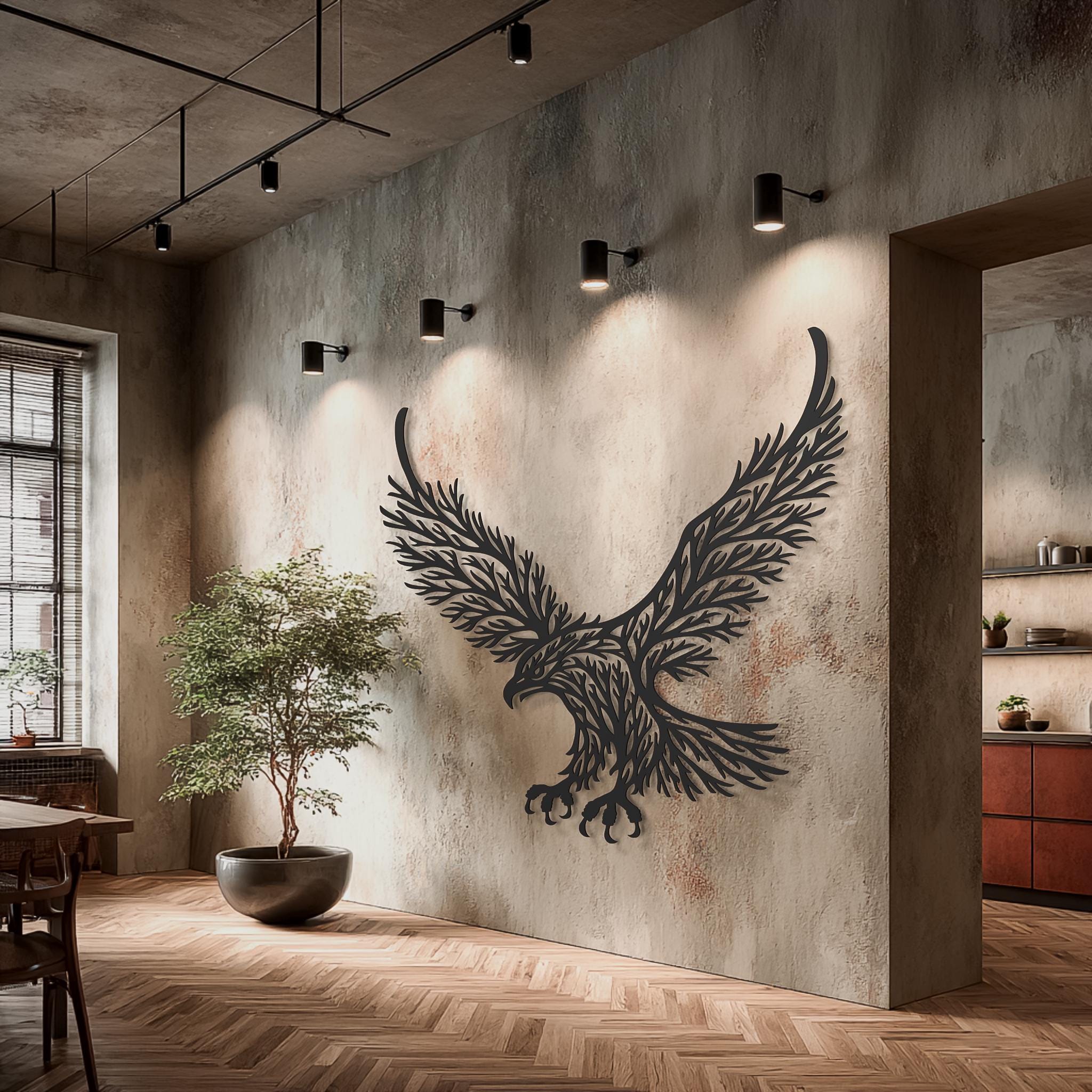 Black eagle wall art, modern rustic living room focal piece with soft daylight shadows