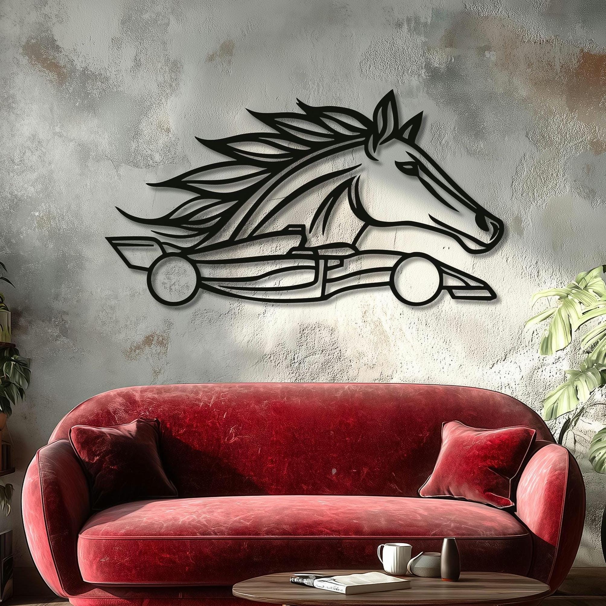 Personalized horse and racing car fusion metal wall art in matte black.
