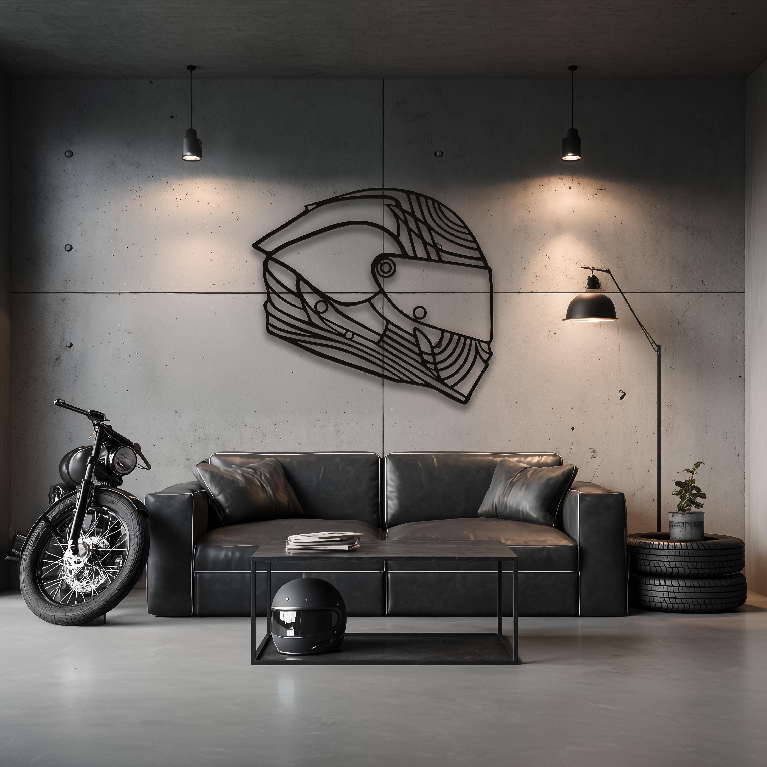 Industrial man cave decor showing large helmet custom metal sign on concrete wall.