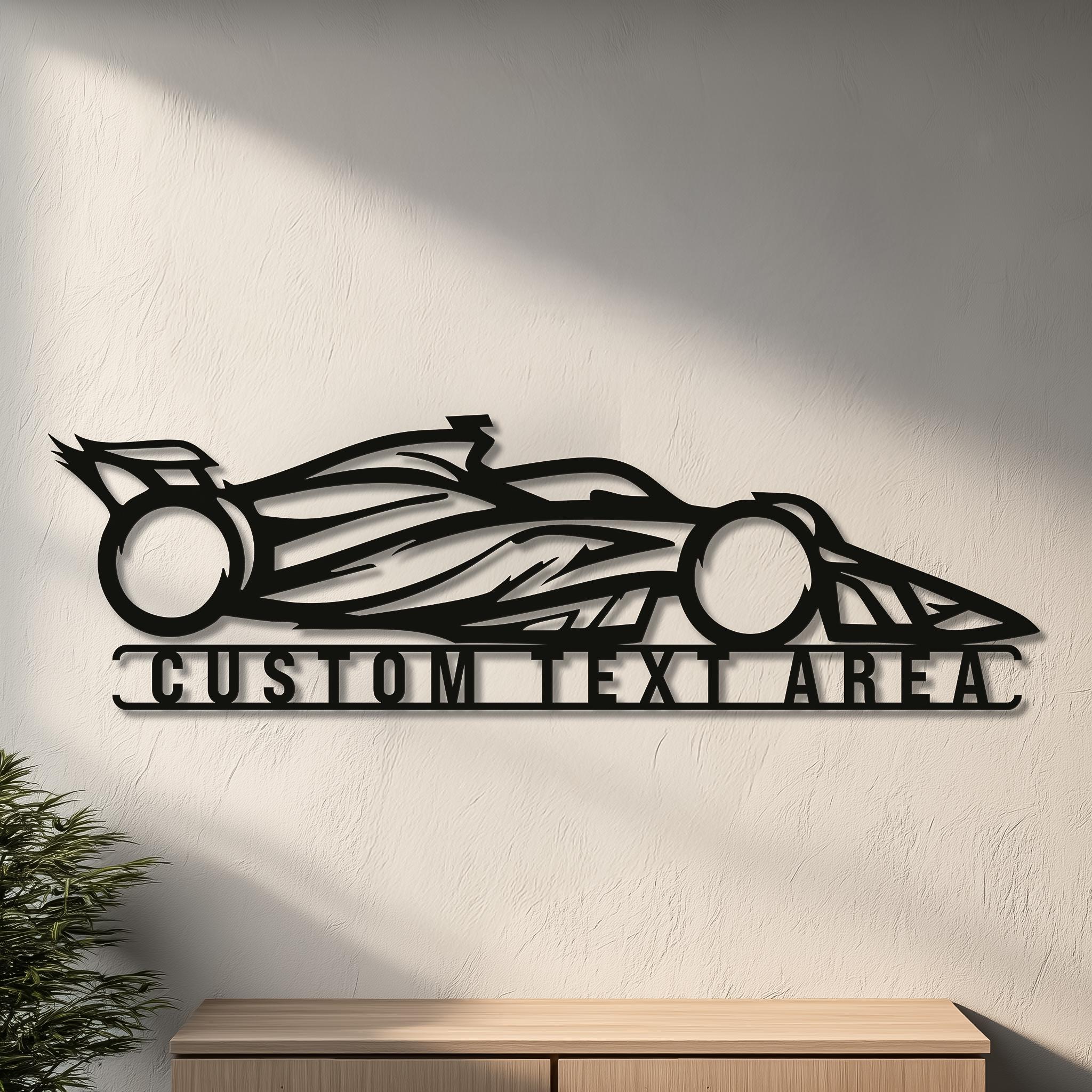 Open-wheel motorsports car metal wall art with customizable name bar; powder-coated matte black steel, CNC laser-cut, ready to hang; modern wall decor; personalized racing gift for man cave, office, garage.