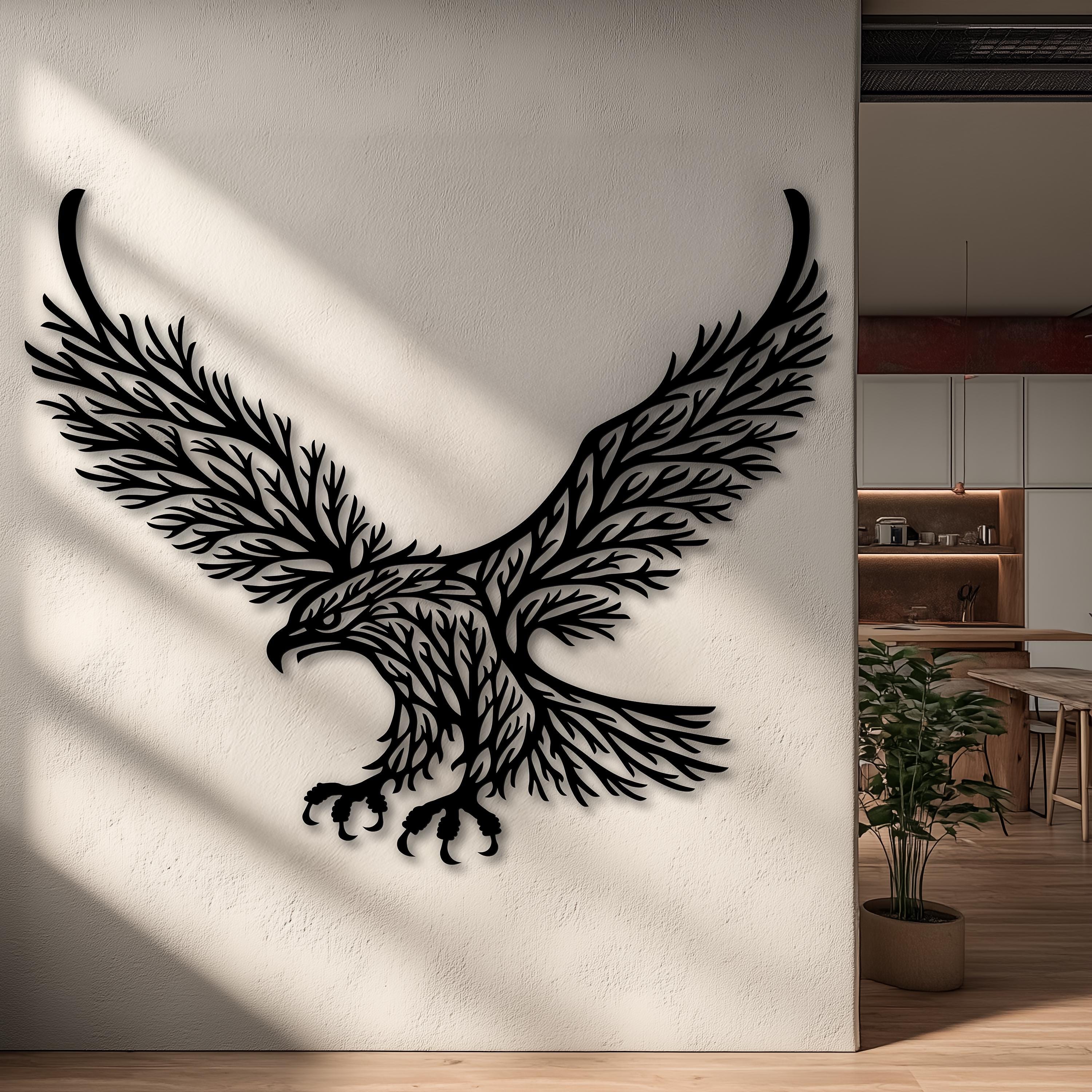 Flying eagle wall art, large black metal silhouette for industrial loft or gallery wall