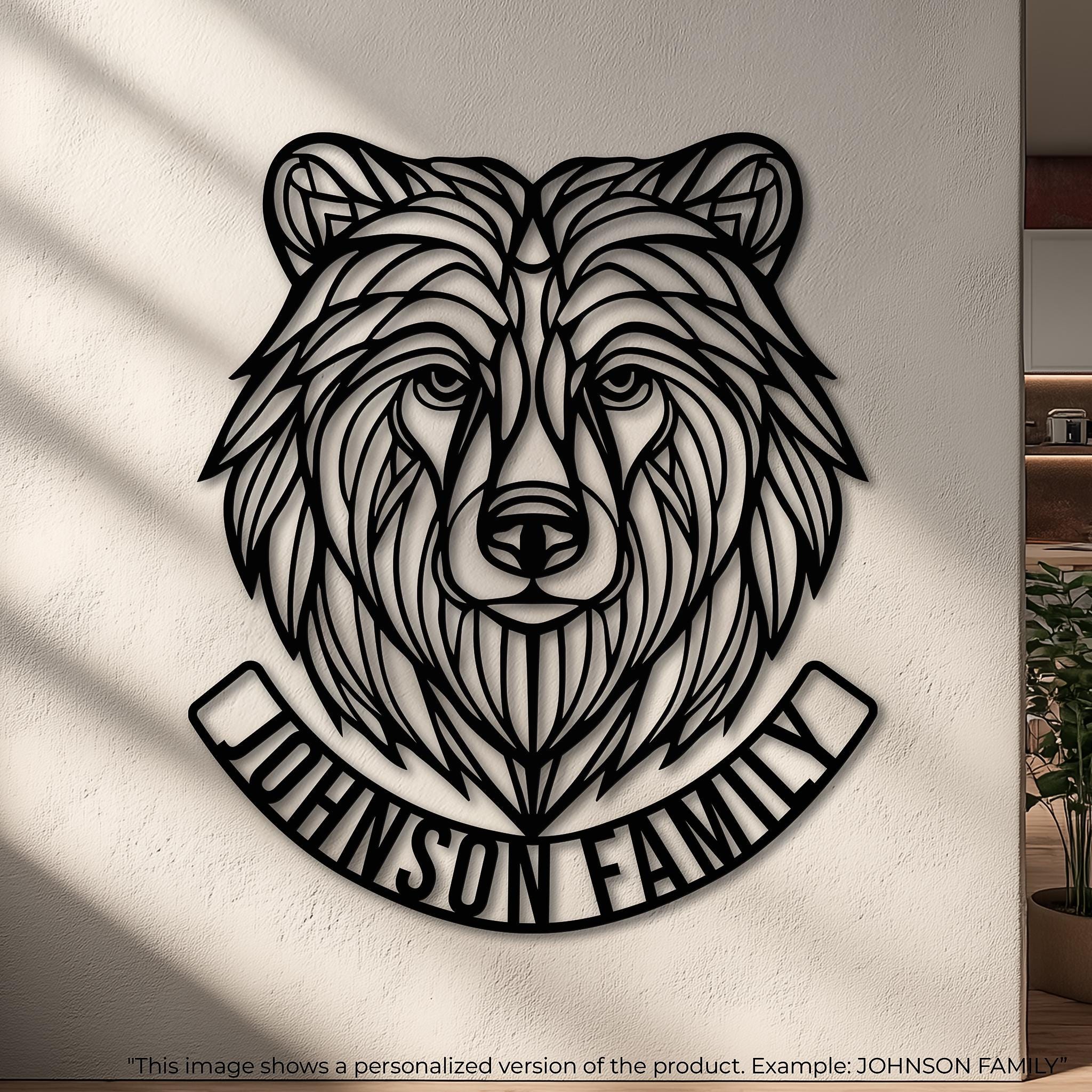 Personalized 'JOHNSON FAMILY' bear metal wall art with curved name bar; CNC laser-cut black steel, modern line art head; large wall sculpture for living room, entry or cabin; custom last name sign, handmade.