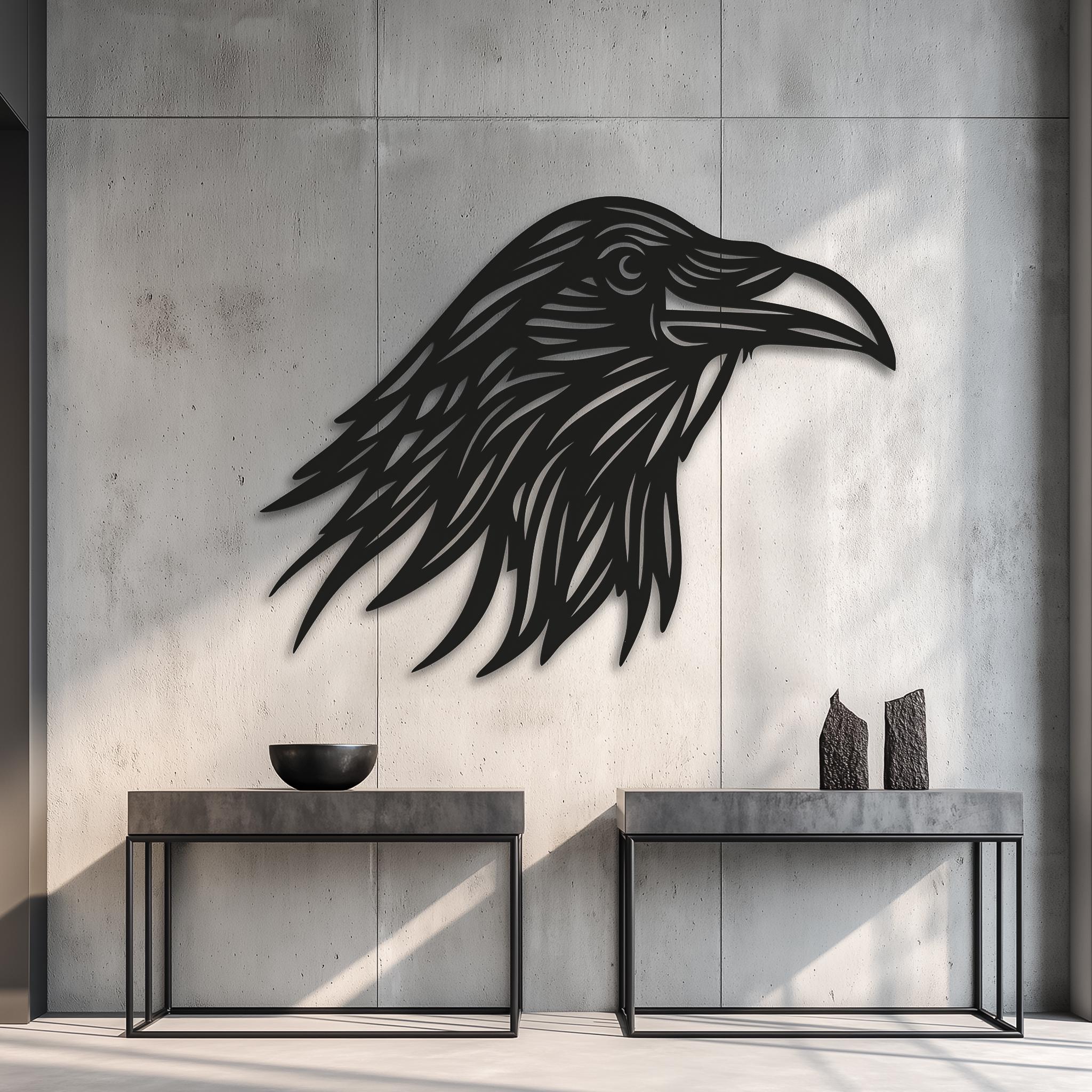 Custom raven metal name sign, CNC cut crow head with curved text bar, personalized last name wall art, black steel, handmade, perfect entryway sign, gothic gift idea.
