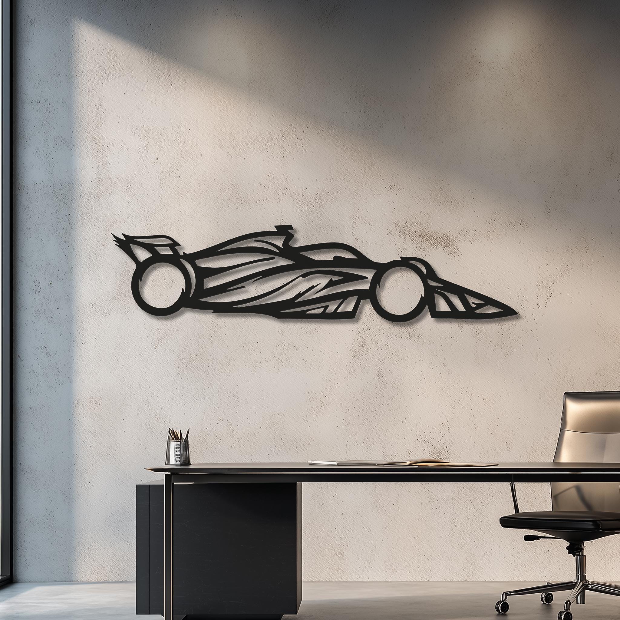 Open-wheel racing car metal wall sign in an executive office; matte black CNC laser-cut; modern office décor; motorsports fan gift; easy to hang.