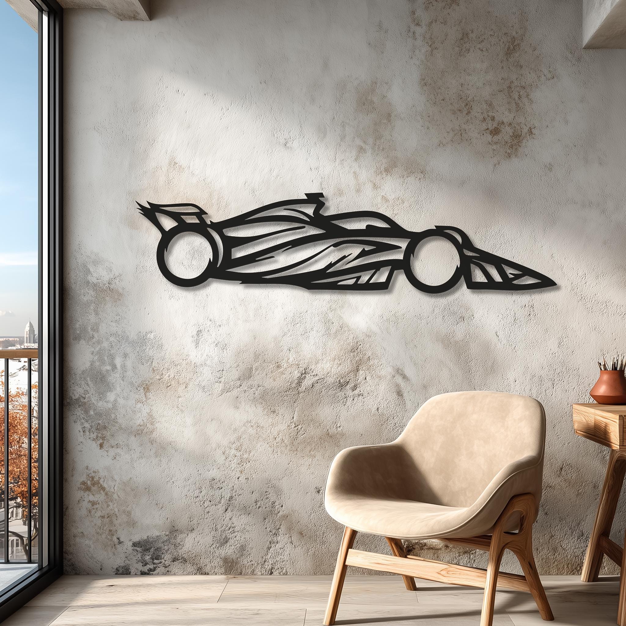 Open-wheel motorsports car silhouette metal wall décor on a textured wall near balcony; matte black CNC laser-cut; living room or studio; racing fan gift; ready to hang.