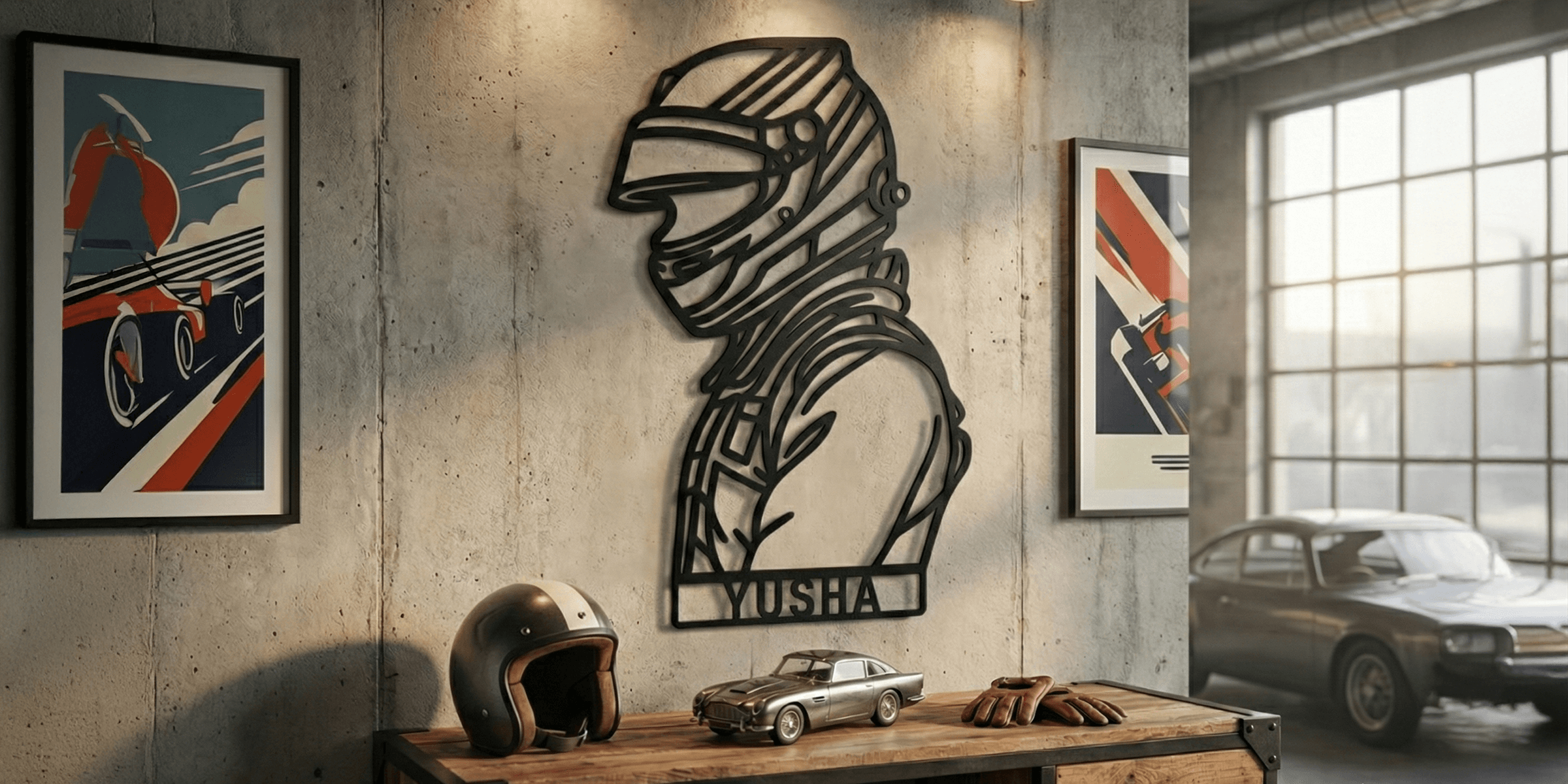YushasForge automotive metal wall art displayed in an industrial garage