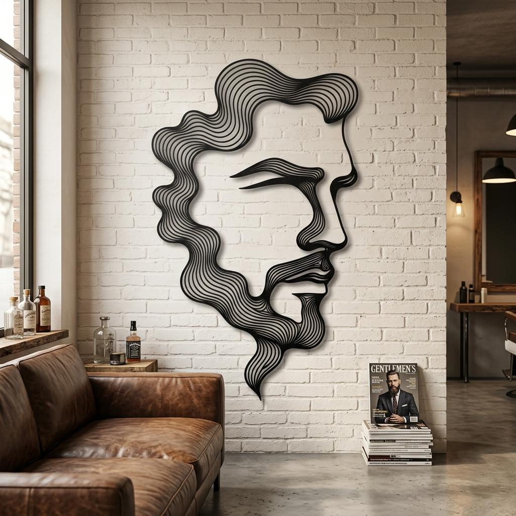 Barbershop male face metal wall art in a modern grooming lounge. This black silhouette beard and hair sign adds industrial decor to a barber shop interior. Precision laser-cut metal decor with a 3D floating effect for premium men's salons.