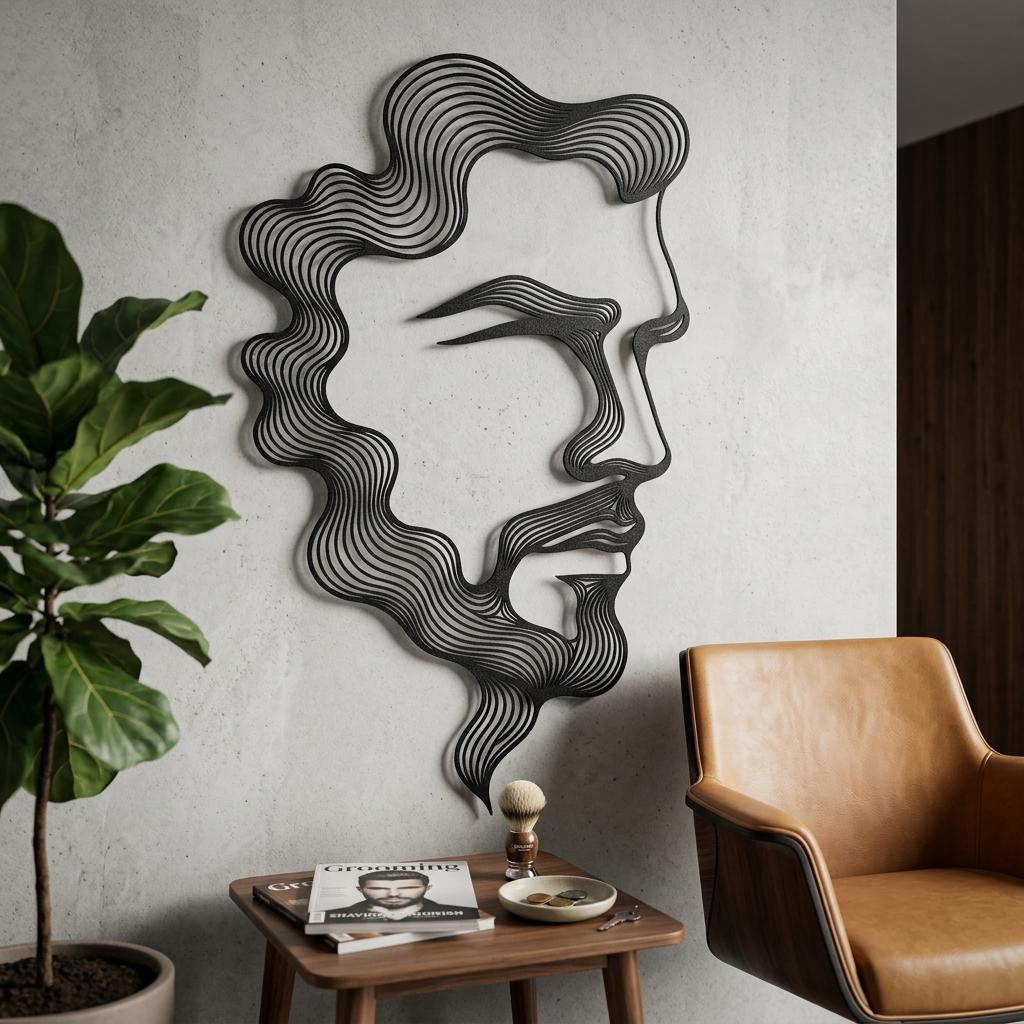Barber shop waiting area decorated with a premium bearded male face metal wall art. This black minimalist silhouette sign provides a striking 3D shadow effect on light walls, enhancing the professional and modern vibe of men's grooming salons.