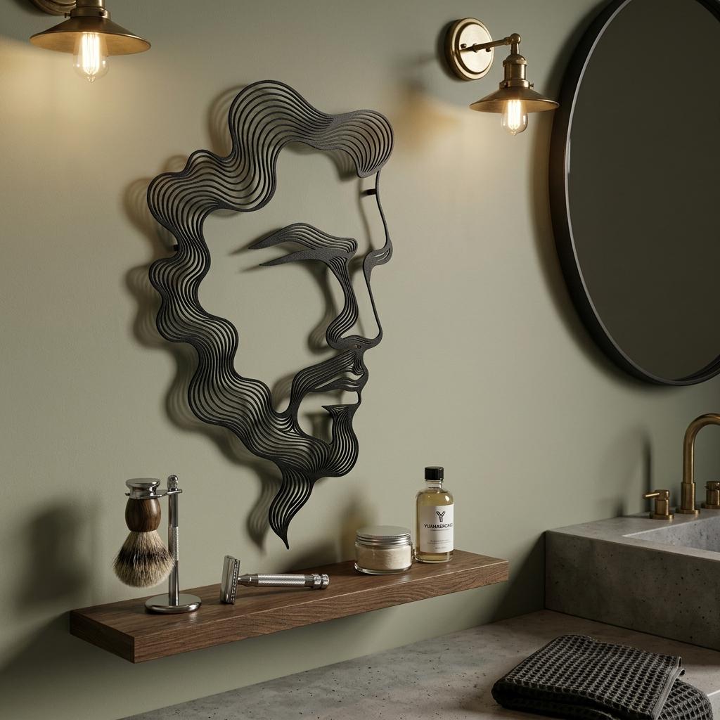 Modern men's bathroom interior featuring masculine decor with a bearded male face metal wall sign. This moisture-resistant black powder-coated silhouette art adds a stylish industrial touch above the sink, perfect for man caves or salon baths.