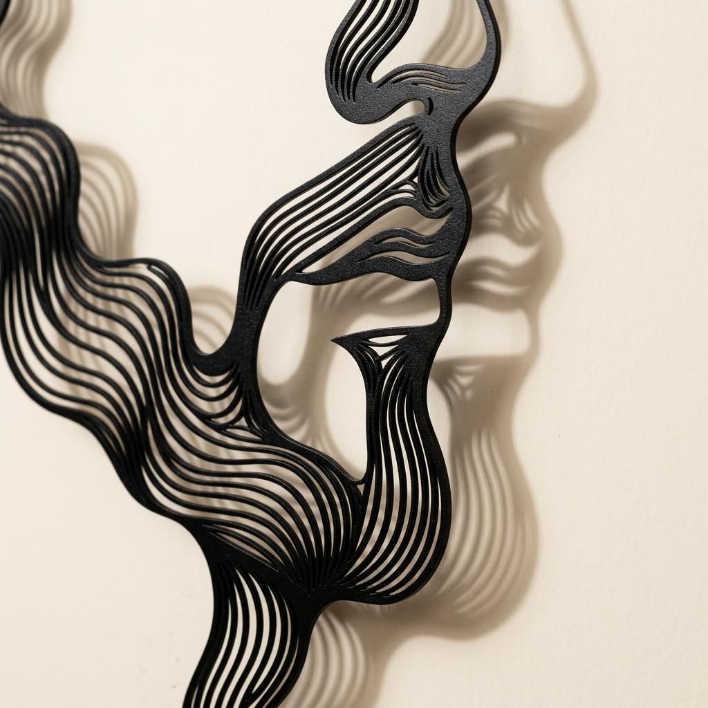 Close-up detail of the 2 cm mounting shadow gap on our barbershop male face metal wall art. Hidden standoffs create a stunning 3D floating effect, casting a crisp shadow on the wall to highlight the premium black laser-cut metal silhouette.