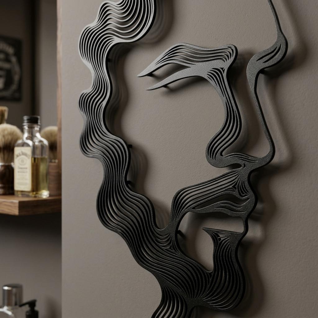 Close-up of the crisp laser-cut edges on the barbershop male face silhouette wall decor. Precision manufacturing guarantees flawless metal lines for this black beard and hair sign, creating a highly detailed and professional men's salon aesthetic.