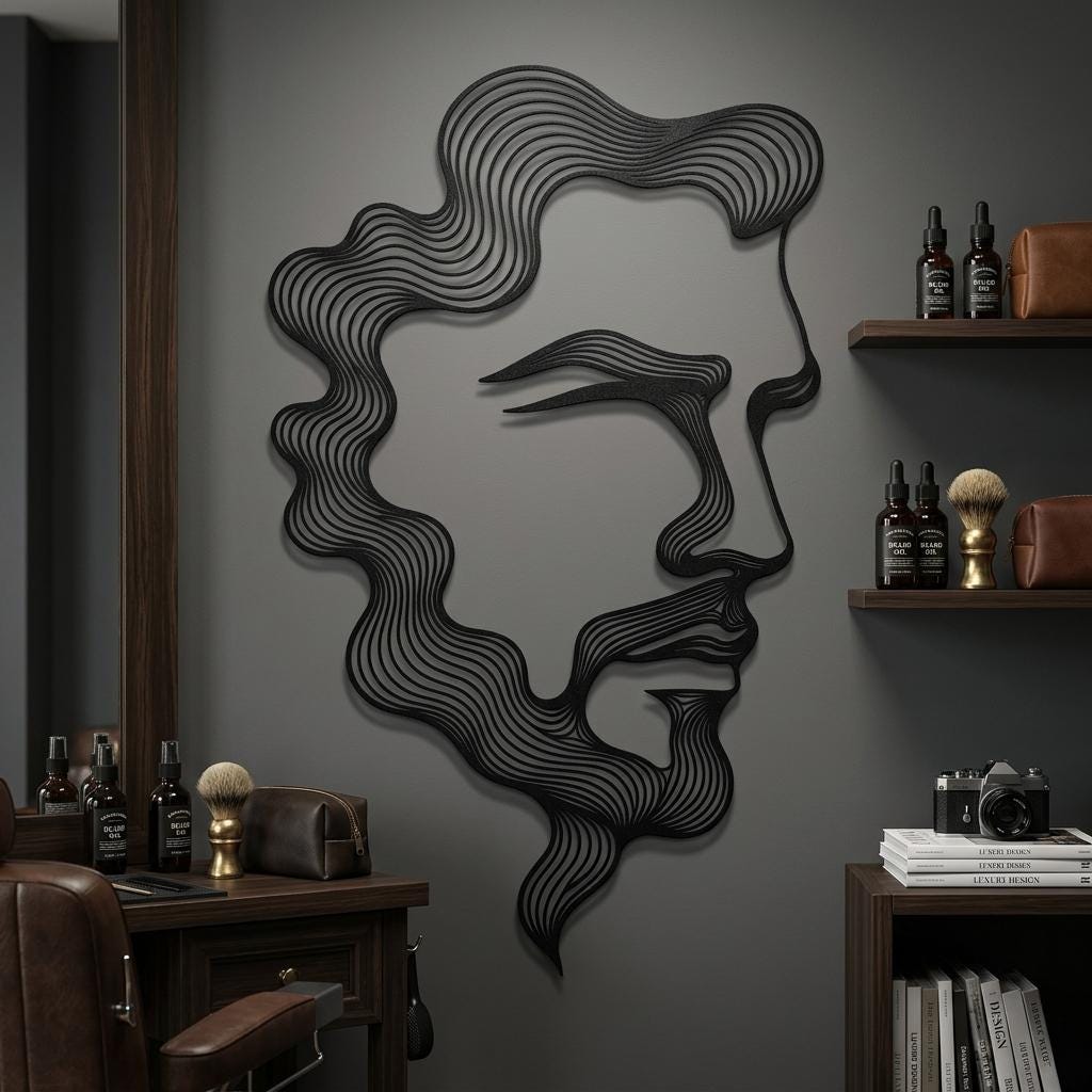 Dramatic barbershop male face metal wall art displayed on a moody dark grey wall. The sleek black silhouette beard design provides a luxurious, masculine grooming lounge aesthetic. Perfect frameless industrial sign for premium barber studios.