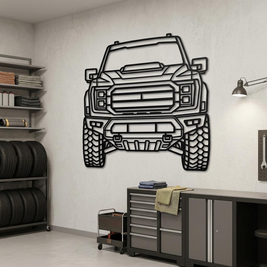 May include: A matte black metal wall art piece depicting the front view of a pickup truck. The design features a detailed grille, rectangular headlights, a heavy-duty front bumper, and large off-road tires with a prominent tread pattern.