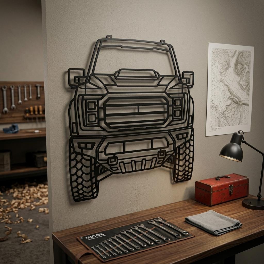 May include: A black metal wall art piece shaped like the front view of a pickup truck. The design features a detailed grille, headlights, bumper, and tire treads in a wireframe style. The object is mounted on a wall above a wooden desk.