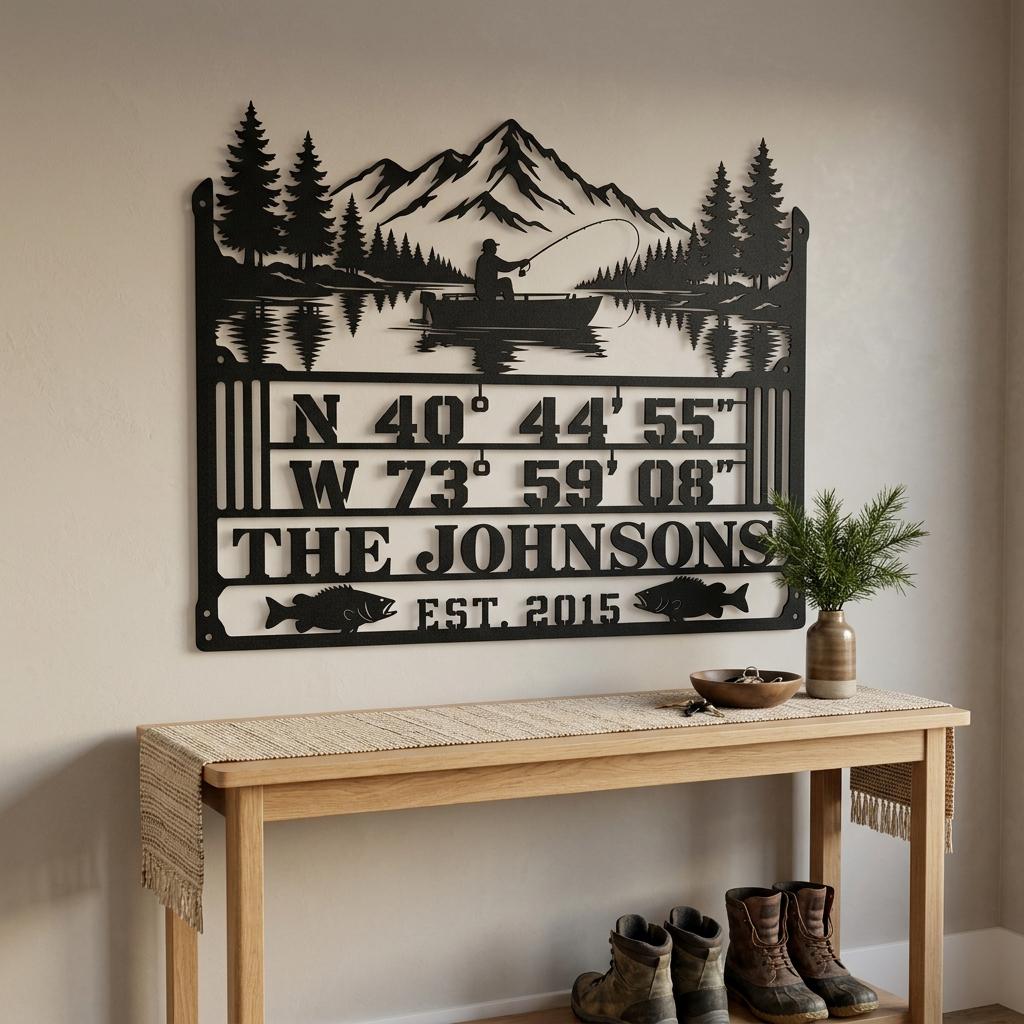 Family name lake house gift sign mounted in an entryway above a light wood console, with boots and greenery below, showing black metal fishing, mountain, GPS coordinates, fish silhouettes and EST 2015 personalization.