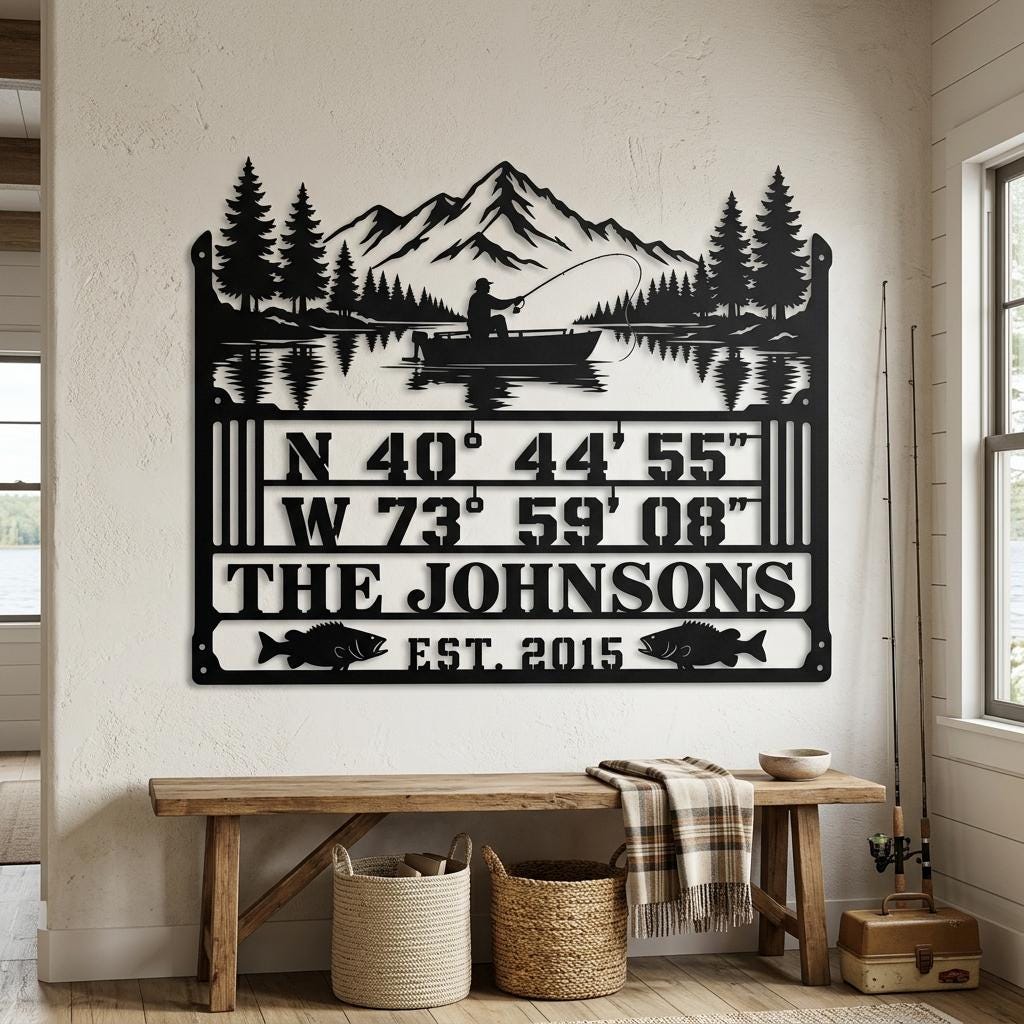 Custom lake house sign displayed over a wood bench with baskets, fishing rods and window light, showing the black metal mountain lake scene, GPS coordinates, family name and fish details at a realistic wall scale.