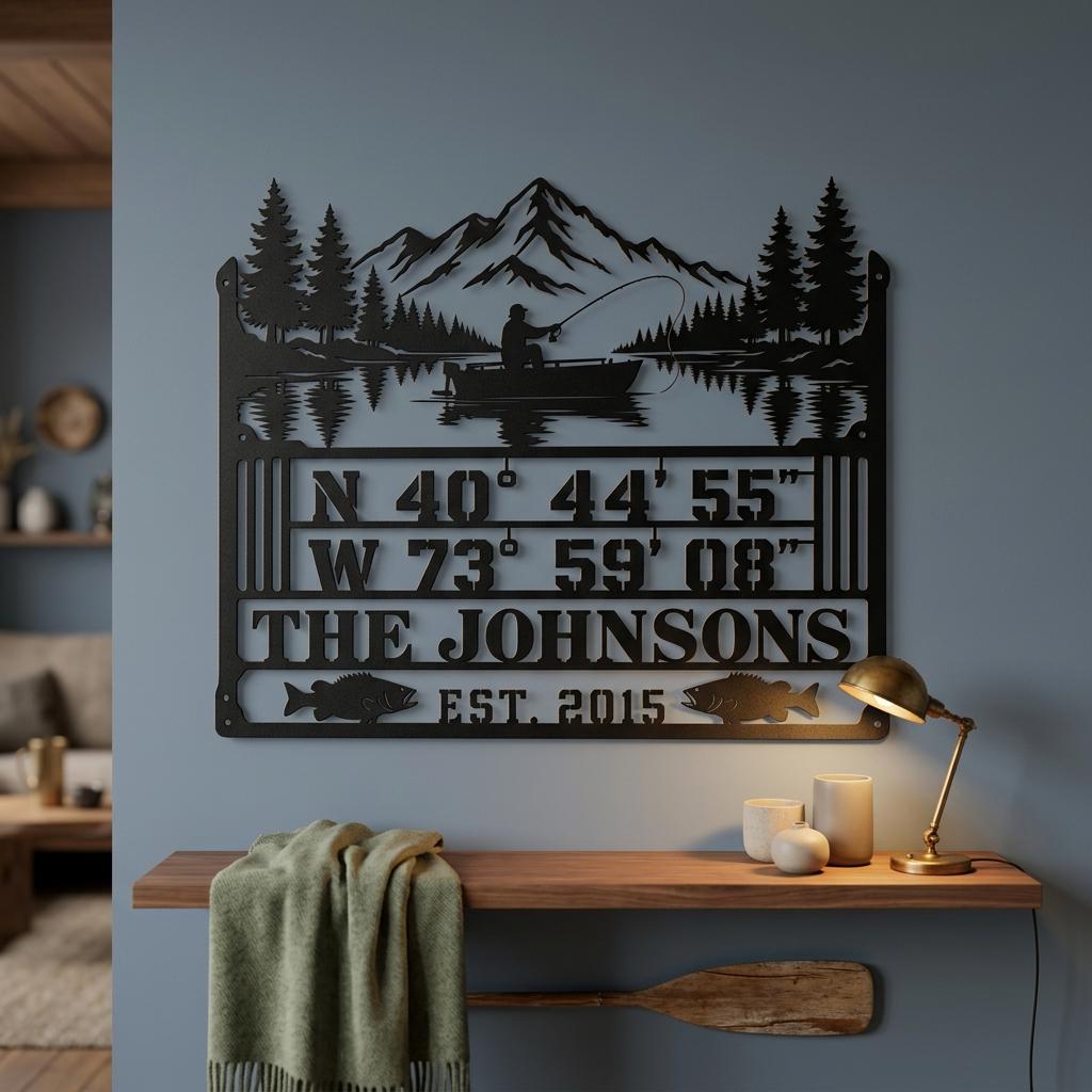 Evening cabin wall art scene with the personalized fishing sign on a blue gray wall above a shelf, lit by a warm brass lamp to show black metal mountain, lake, coordinates and family name details for premium lake house decor.