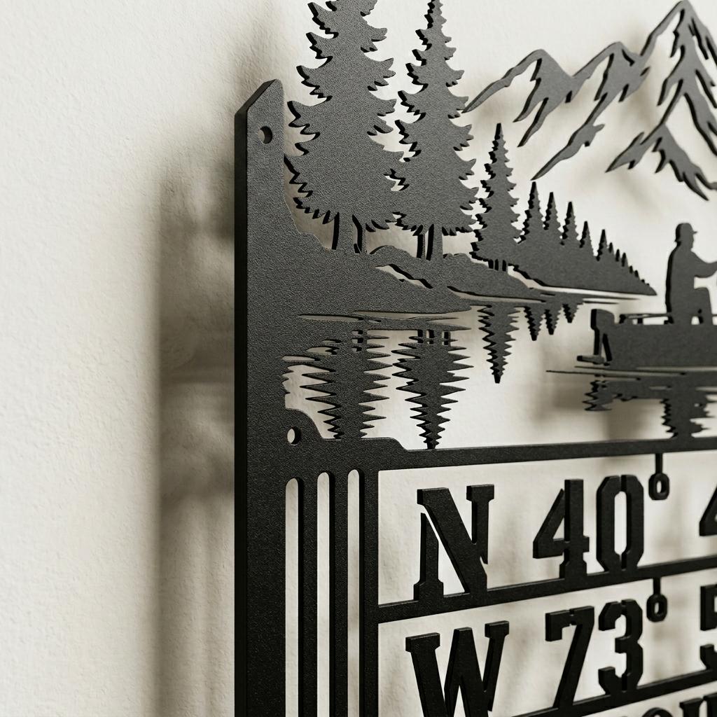 Close side detail of the black metal lake sign showing pine trees, mountain cutouts, coordinate lettering, textured powder coat and a visible 2 cm wall offset shadow gap with hidden mounting hardware.