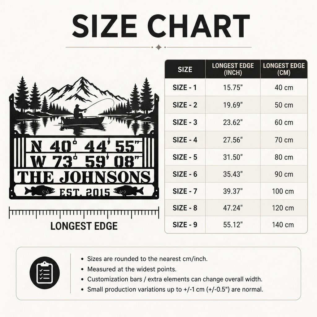 YushasForge size chart for the personalized fishing GPS coordinates lake sign, showing standard longest edge options from 40 cm to 140 cm with inch labels, product preview and measurement ruler for YushasForge buyers comparing sizes before ordering.