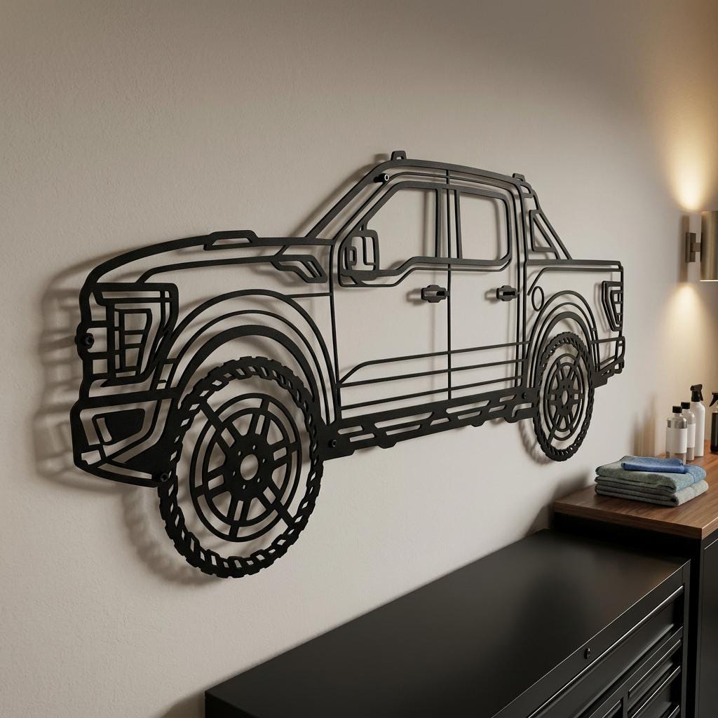 May include: A black metal wall art piece shaped like the side profile of a pickup truck. The design features an open-frame construction with detailed outlines of the wheels, tires, windows, doors, and truck bed, mounted flat against a wall.