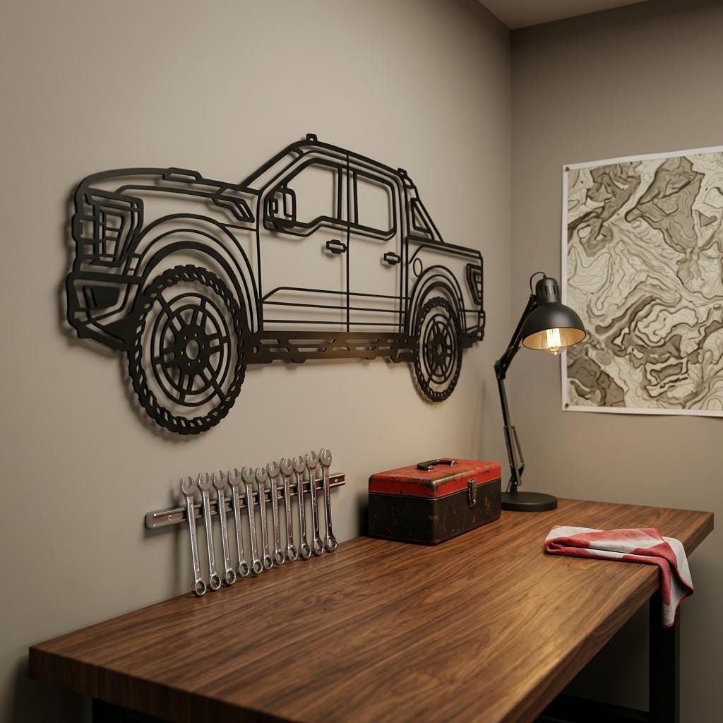 May include: A black metal wall art piece shaped like the side profile of a pickup truck with detailed wheel and body line cutouts. The design features a geometric outline of a modern truck cab, bed, and tires, mounted flat against a wall.