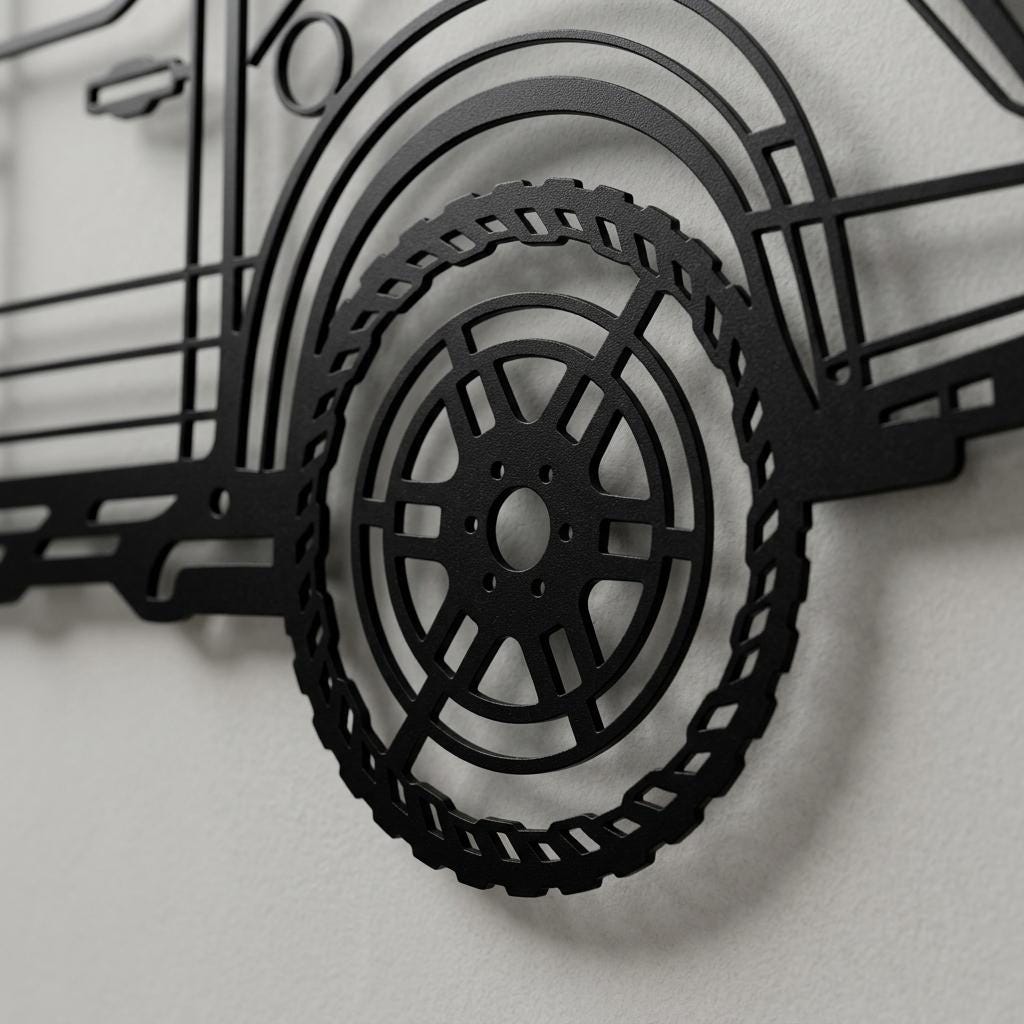 May include: A matte black metal wall art piece featuring a stylized, laser-cut silhouette of a vehicle wheel and fender. The design includes intricate geometric lines representing the tire tread, wheel spokes, and the side body panel of a car.
