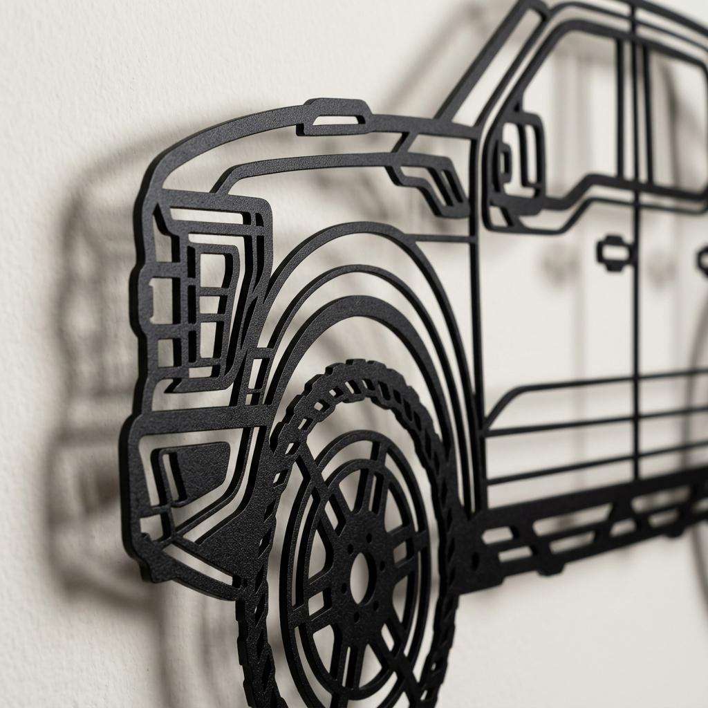 May include: A black metal wall art piece featuring the outline of a pickup truck. The design shows the front fender, a large wheel with detailed tire treads, the side door frame, and the front grille area in a flat, minimalist wireframe style.