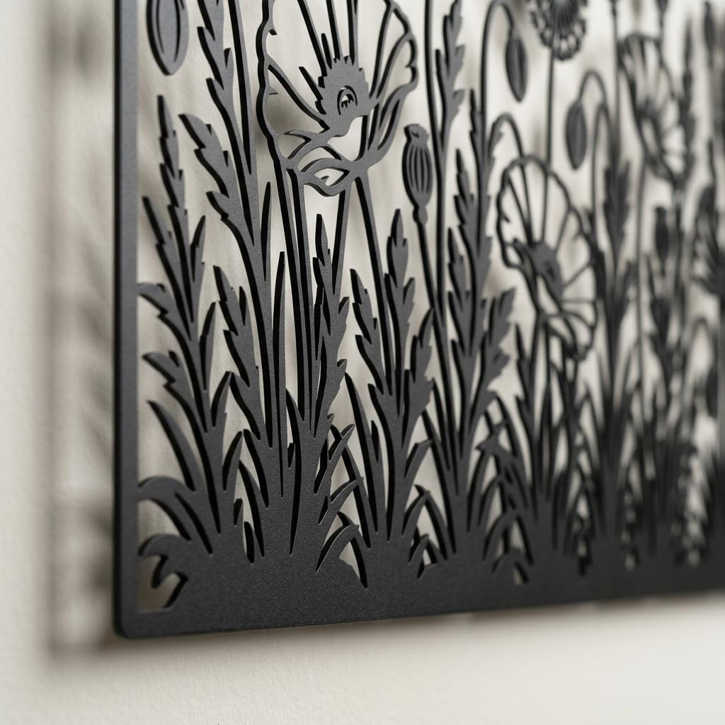 Side view of poppy meadow metal wall art revealing the hidden 2 cm wall offset and soft 3D shadow gap. High-quality laser-cut botanical decor with sturdy hidden mounting hardware. Minimalist floral design on a light matte wall.