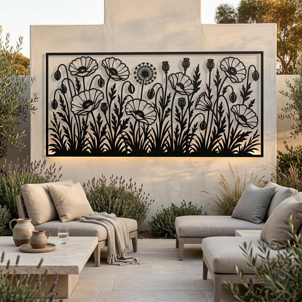 Elegant horizontal poppy meadow metal wall art mounted on a modern backyard feature wall. Sophisticated black botanical silhouette for outdoor seating areas. Premium laser-cut floral design with a durable matte black finish.