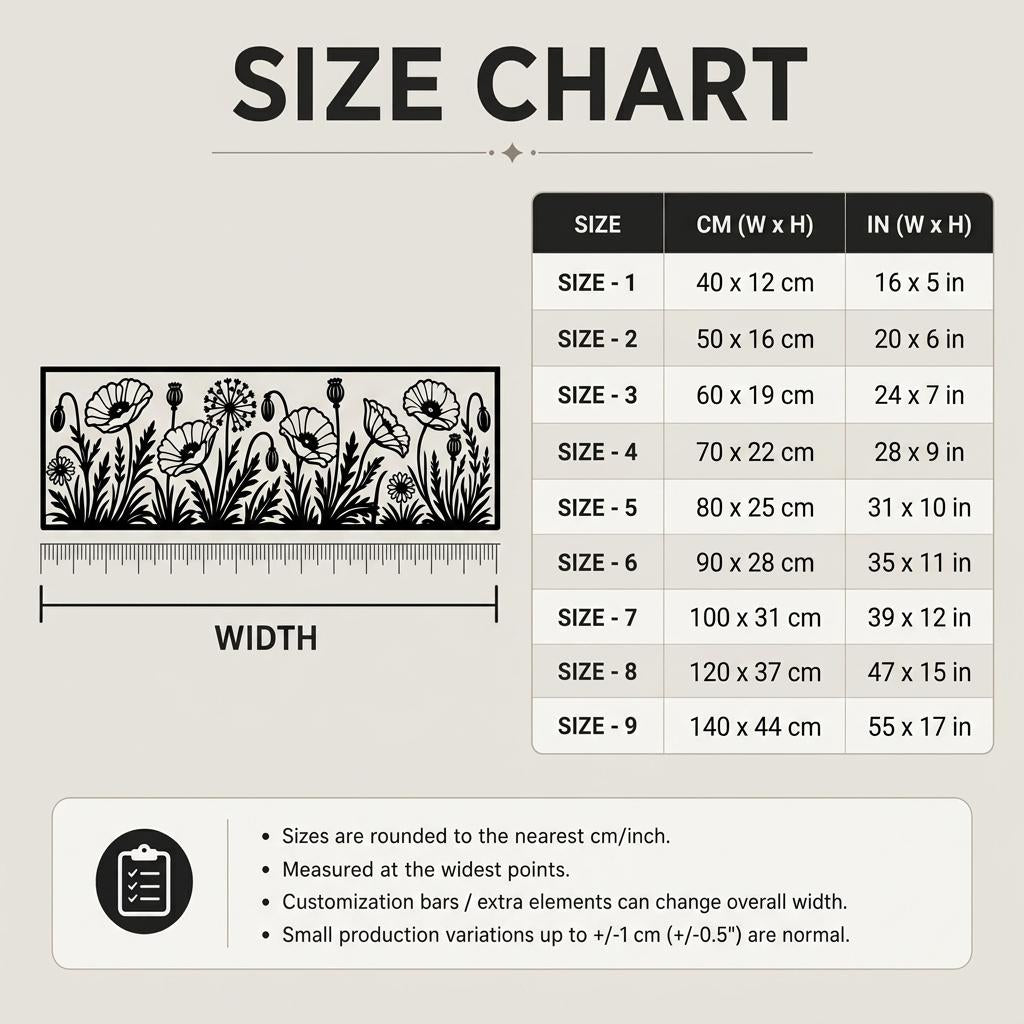 Size chart guide for YushasForge poppy flowers metal wall art. Find the perfect width for your space with this horizontal black floral silhouette decor, available in multiple dimensions for elegant home styling.