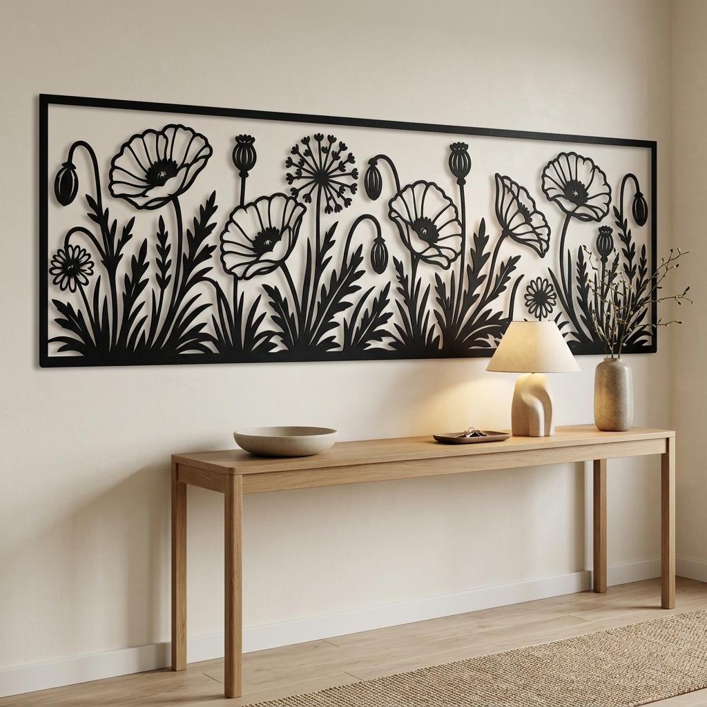 Elegant black metal poppy wall art displayed over a modern ivory entryway console. This horizontal floral silhouette decor creates a welcoming, premium botanical statement for contemporary home entryways and halls.