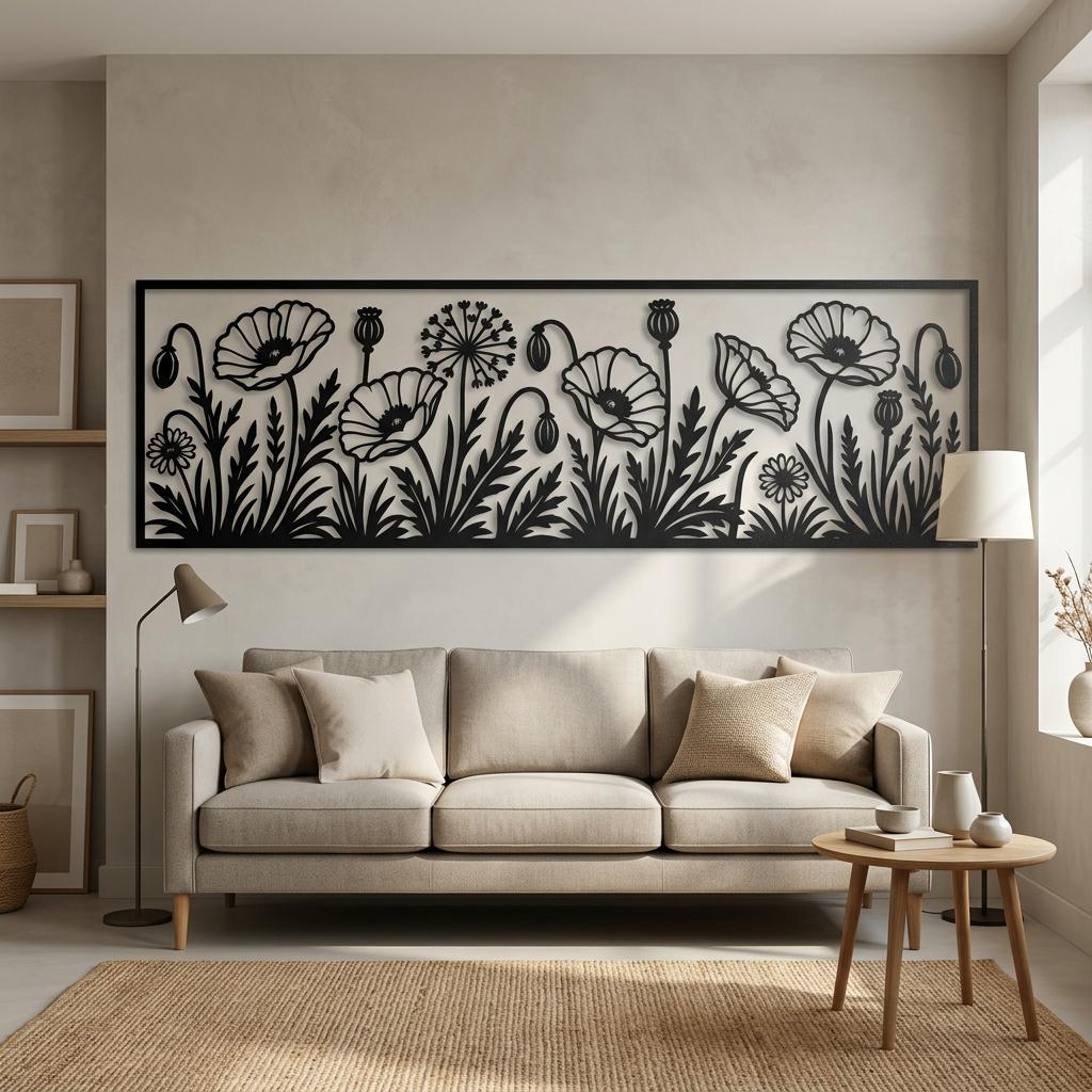 Extra wide metal poppy wall art mounted above a large living room couch. This panoramic black floral wall decor creates a stunning focal point, bringing nature-inspired botanical elegance to modern homes.