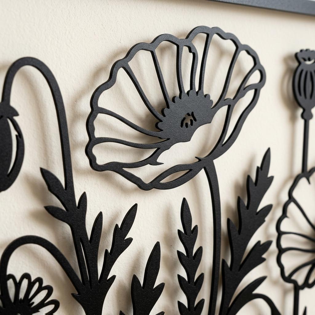Detailed view of precision laser-cut metal poppy flower wall art showing delicate petal shadows. This premium black floral silhouette decor casts natural offset shadows, enhancing modern botanical interior design.