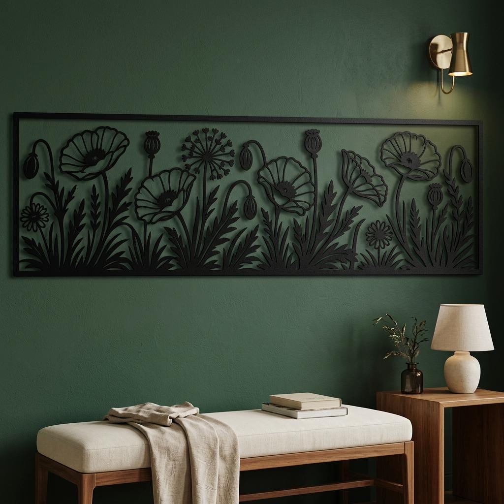 Striking black metal poppy wall art displayed on a deep forest green accent wall. The delicate floral silhouette stands out with elegant warm lighting, bringing a moody, premium botanical vibe to modern homes.