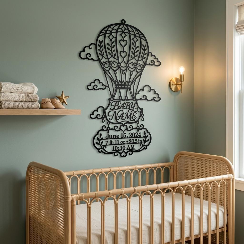 Custom hot air balloon baby birth stats sign displayed above a cane crib on a dusty sage nursery wall, showing black metal nursery wall art with personalized baby name and birth details for newborn room styling.